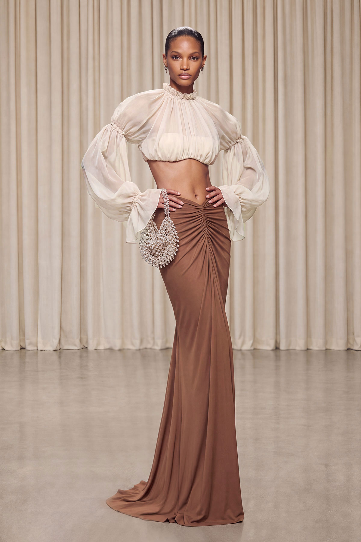 Katz Crop Mesh Ruch Skirt Set In Khaki