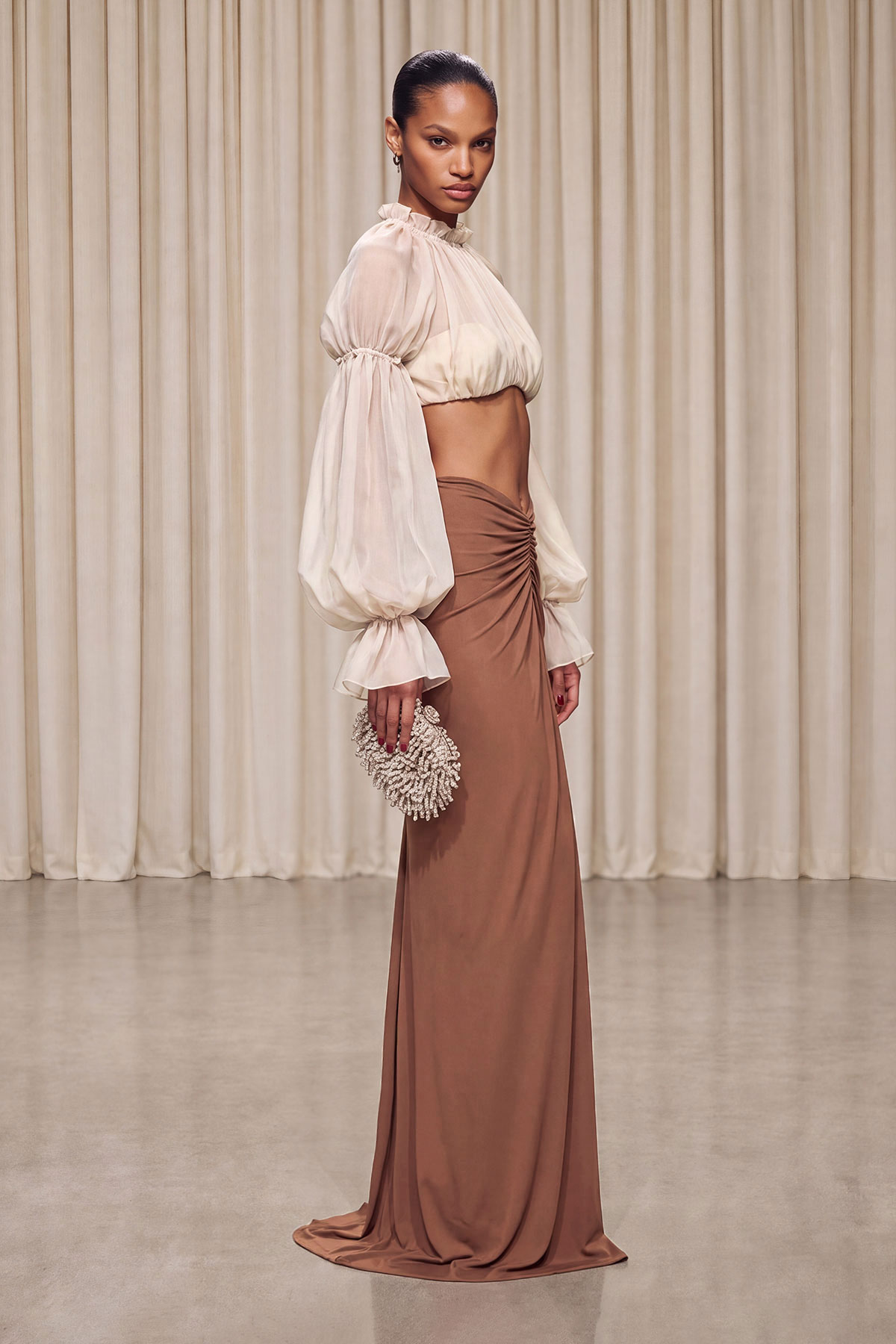 Katz Crop Mesh Ruch Skirt Set In Khaki