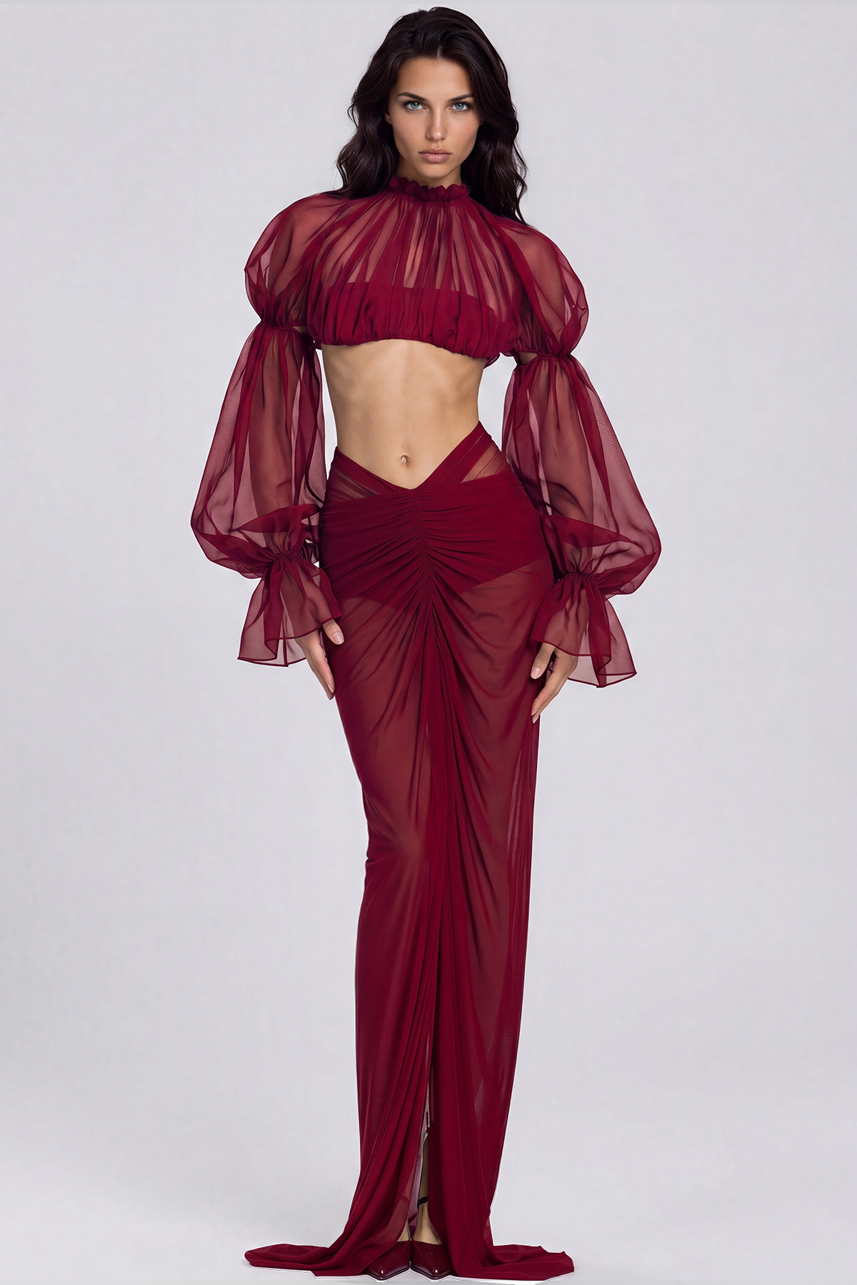 Katz Crop Mesh Ruch Skirt Set In Red