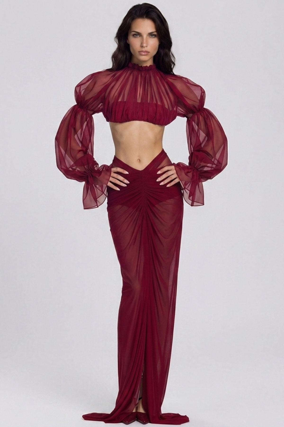 Katz Crop Mesh Ruch Skirt Set In Red