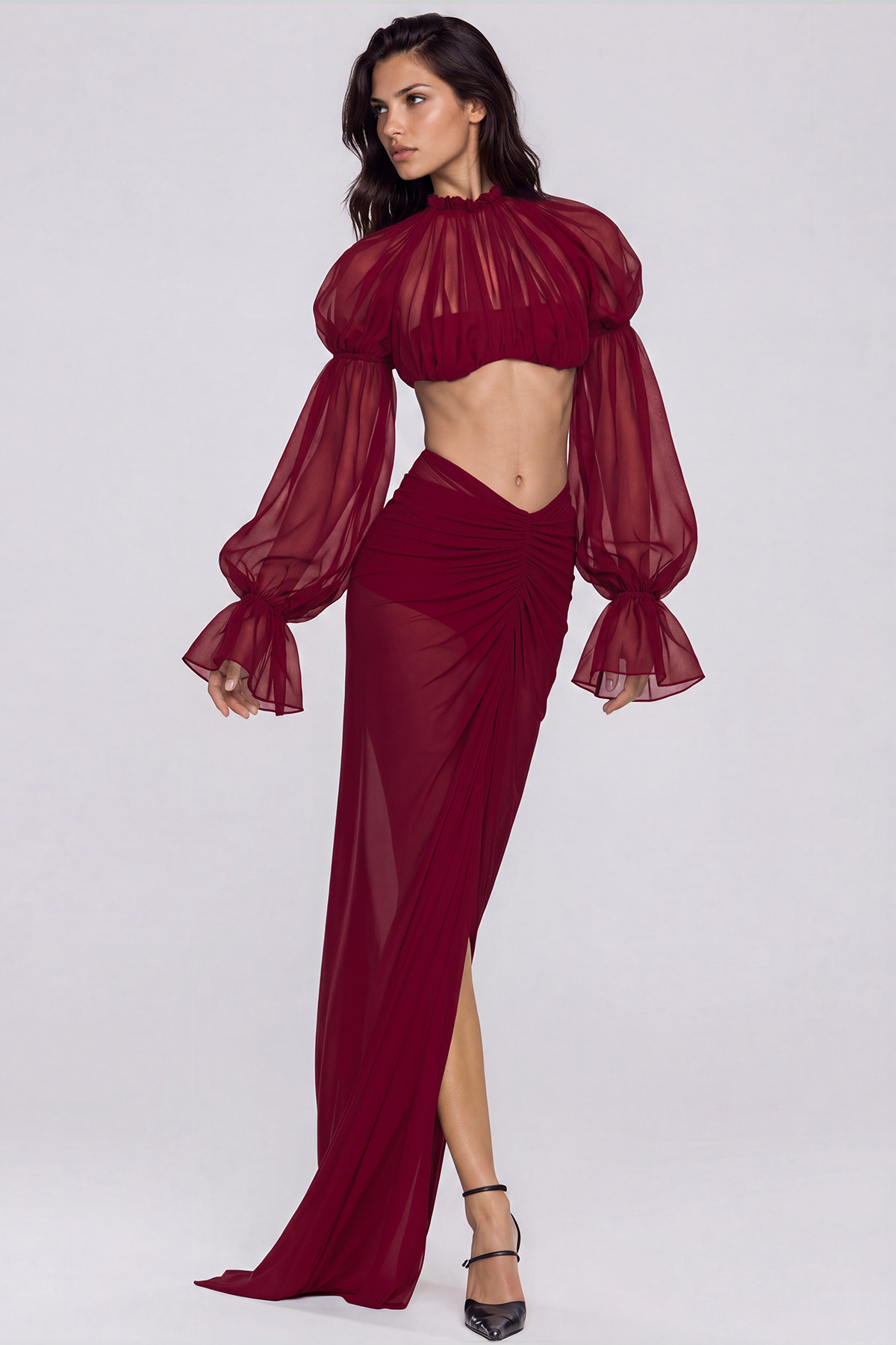 Katz Crop Mesh Ruch Skirt Set In Red