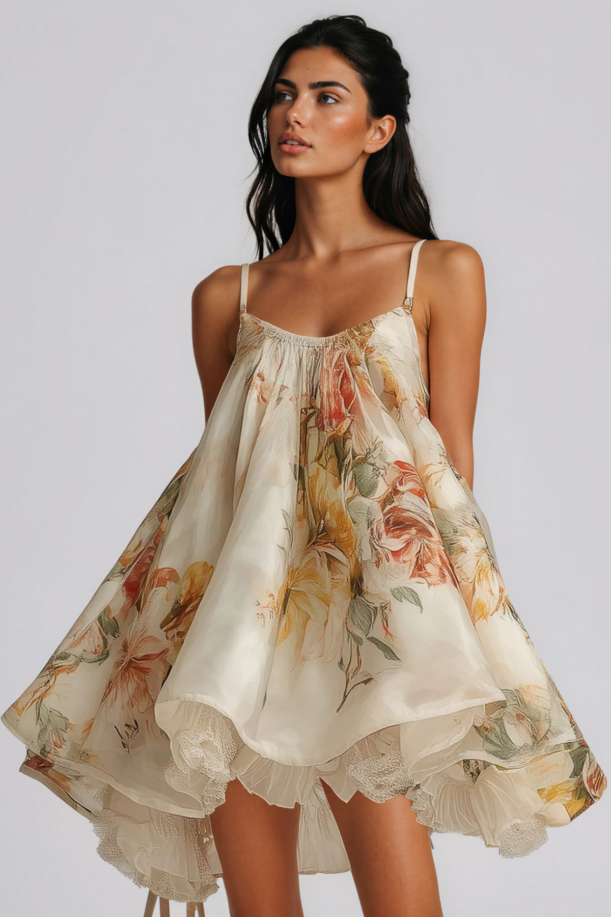 Kaui Spaghetti Floral Puffy Mini Dress