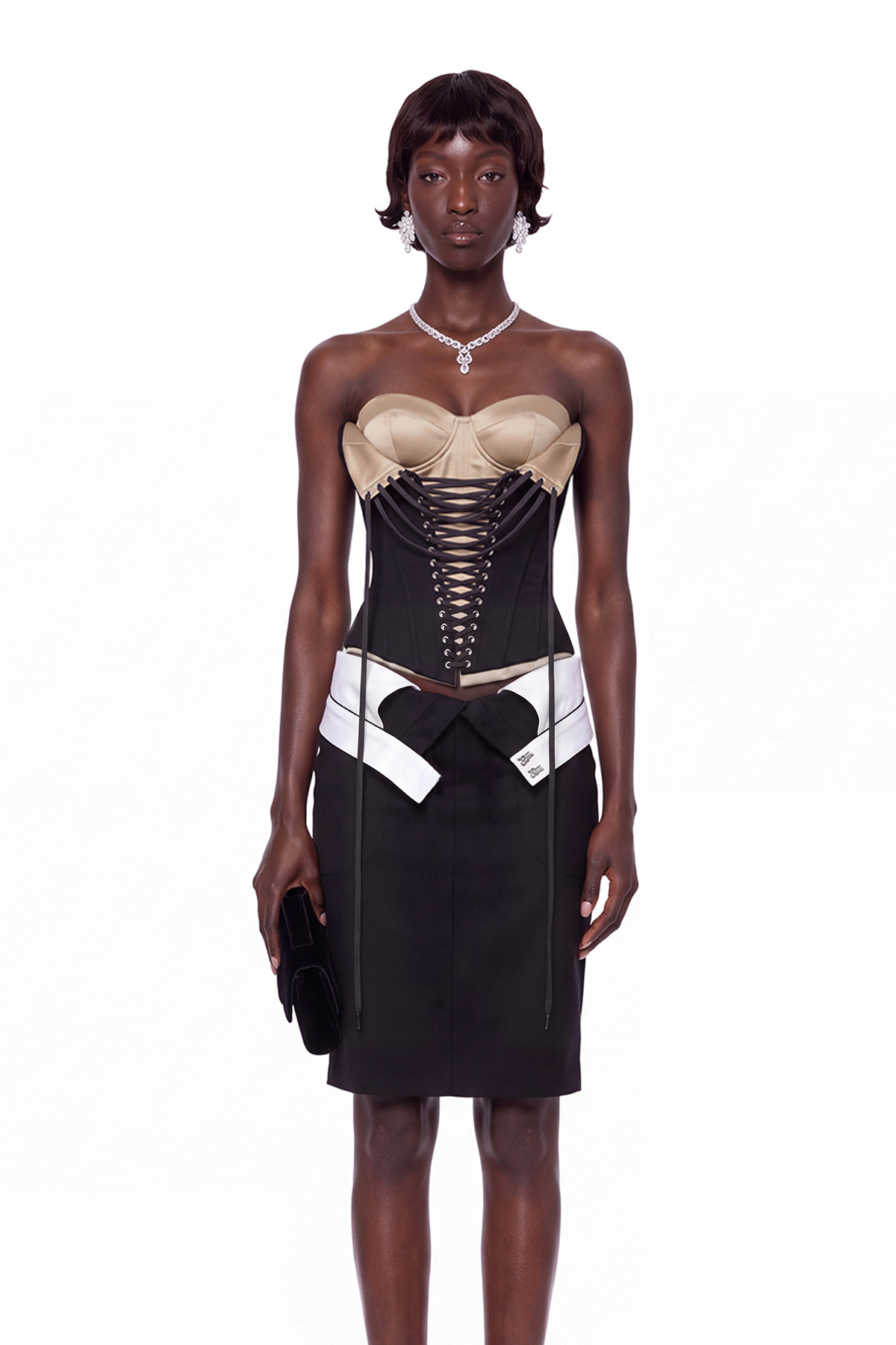 Kavi Deconstructed Strapelss Corset Skirt Set In Black