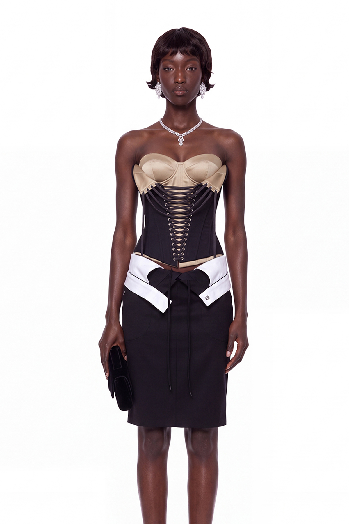 Kavi Deconstructed Strapelss Corset  Skirt Set In Black