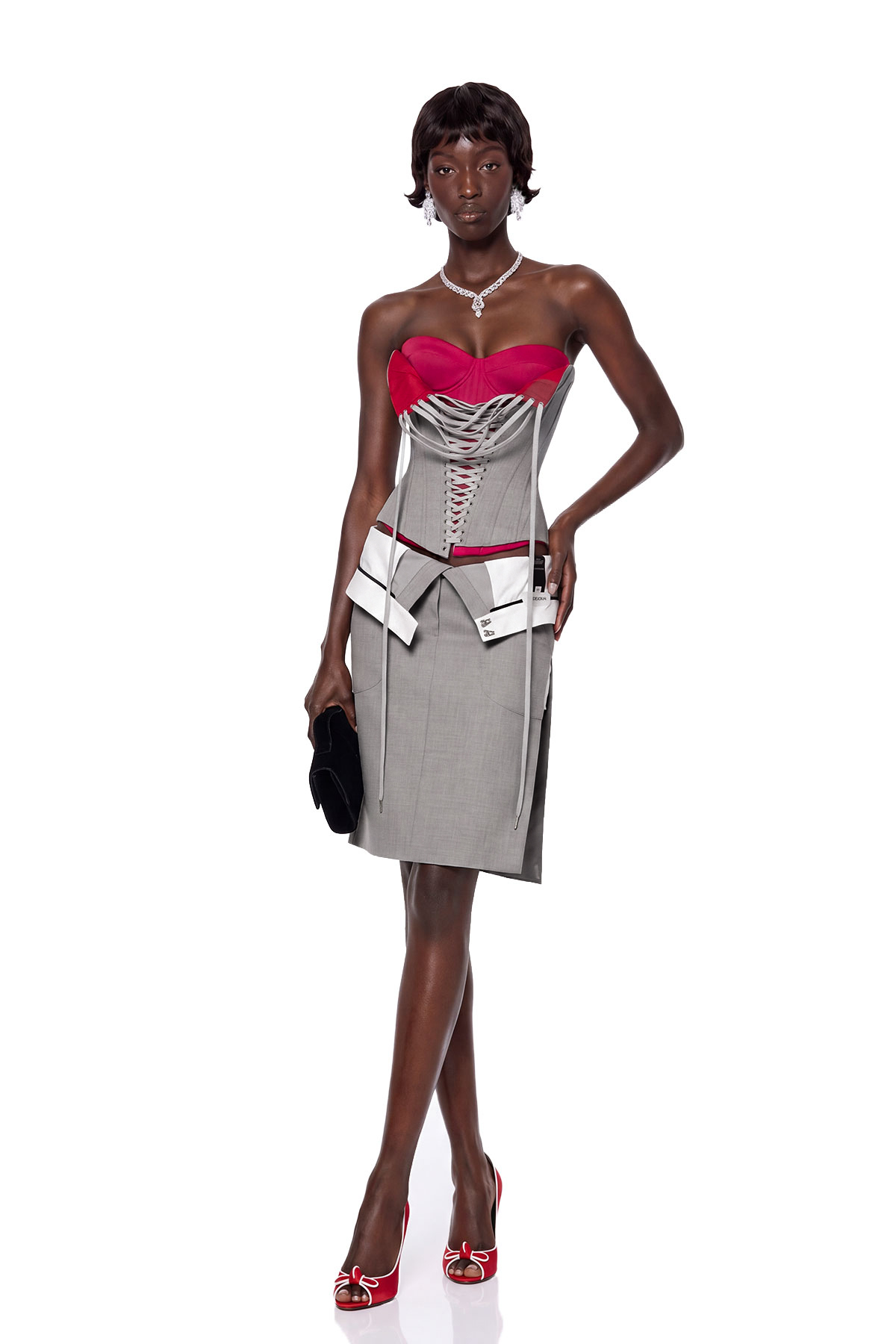 Kavi Deconstructed Strapelss Corset Skirt Set In Grey