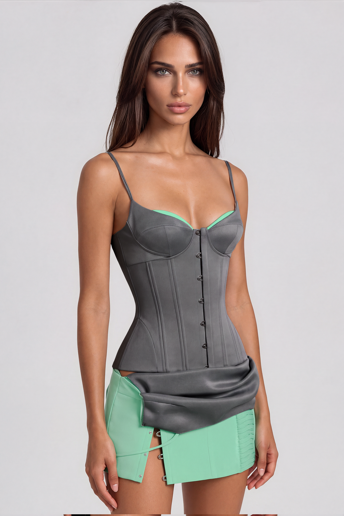 Kavi Spaghetti Corset Split Skirt Set In Green