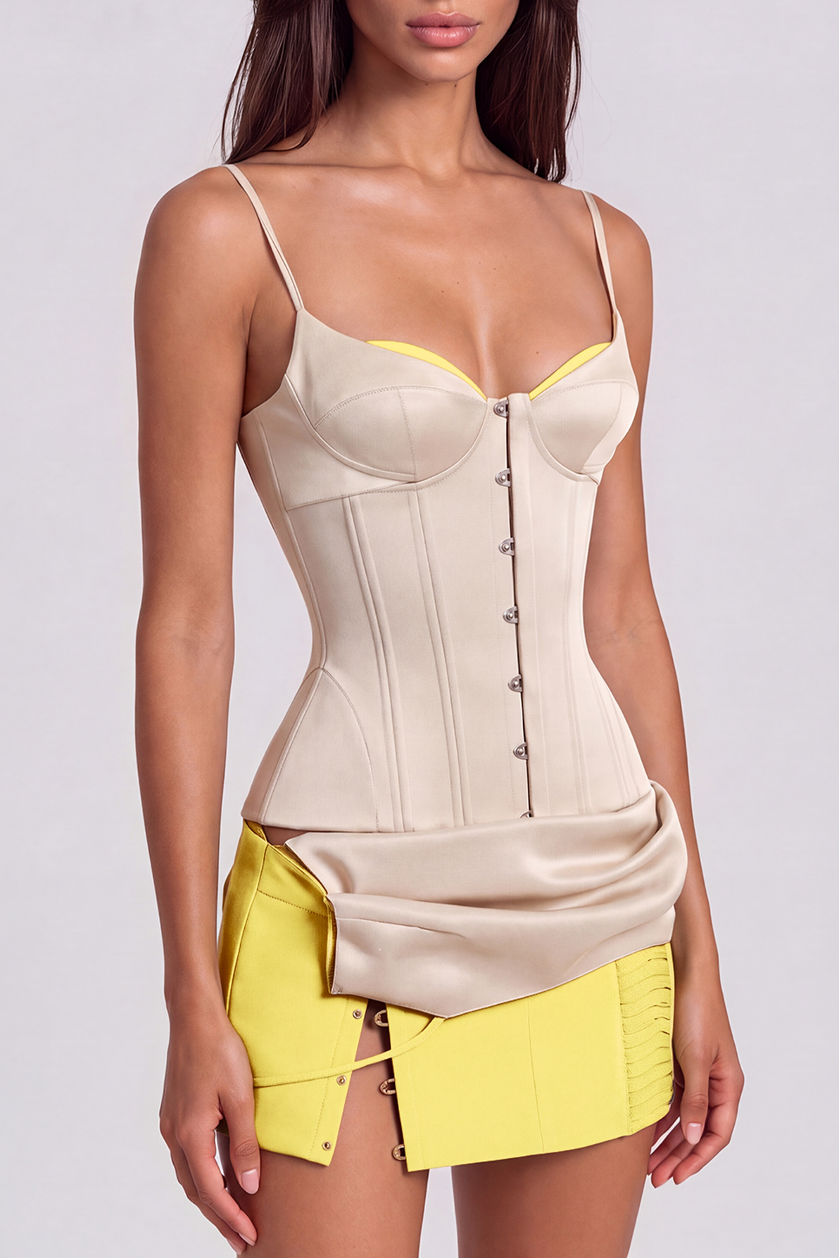 Kavi Spaghetti Corset Split Skirt Set In Yellow