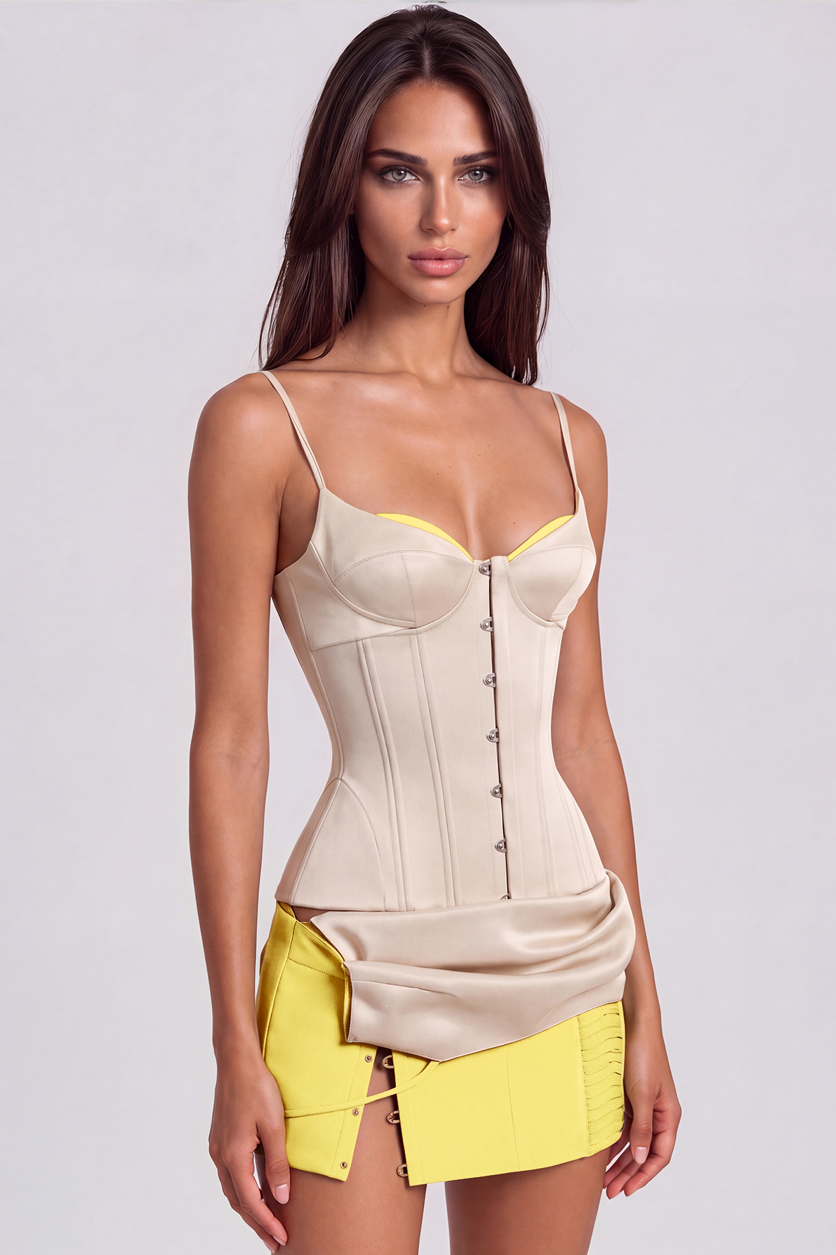 Kavi Spaghetti Corset Split Skirt Set In Yellow