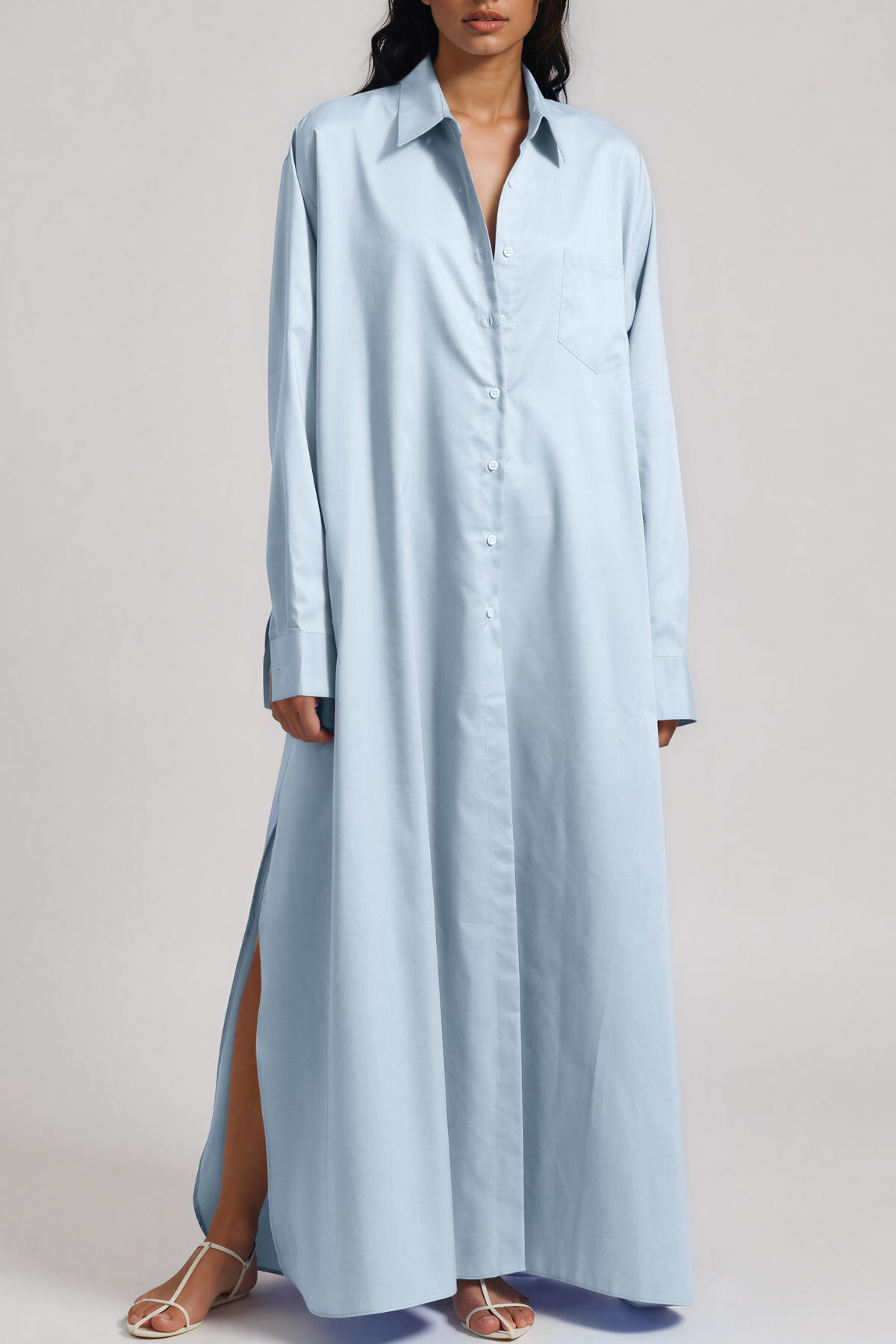 Kawai Long Sleeve Split Maxi Shirt Dress