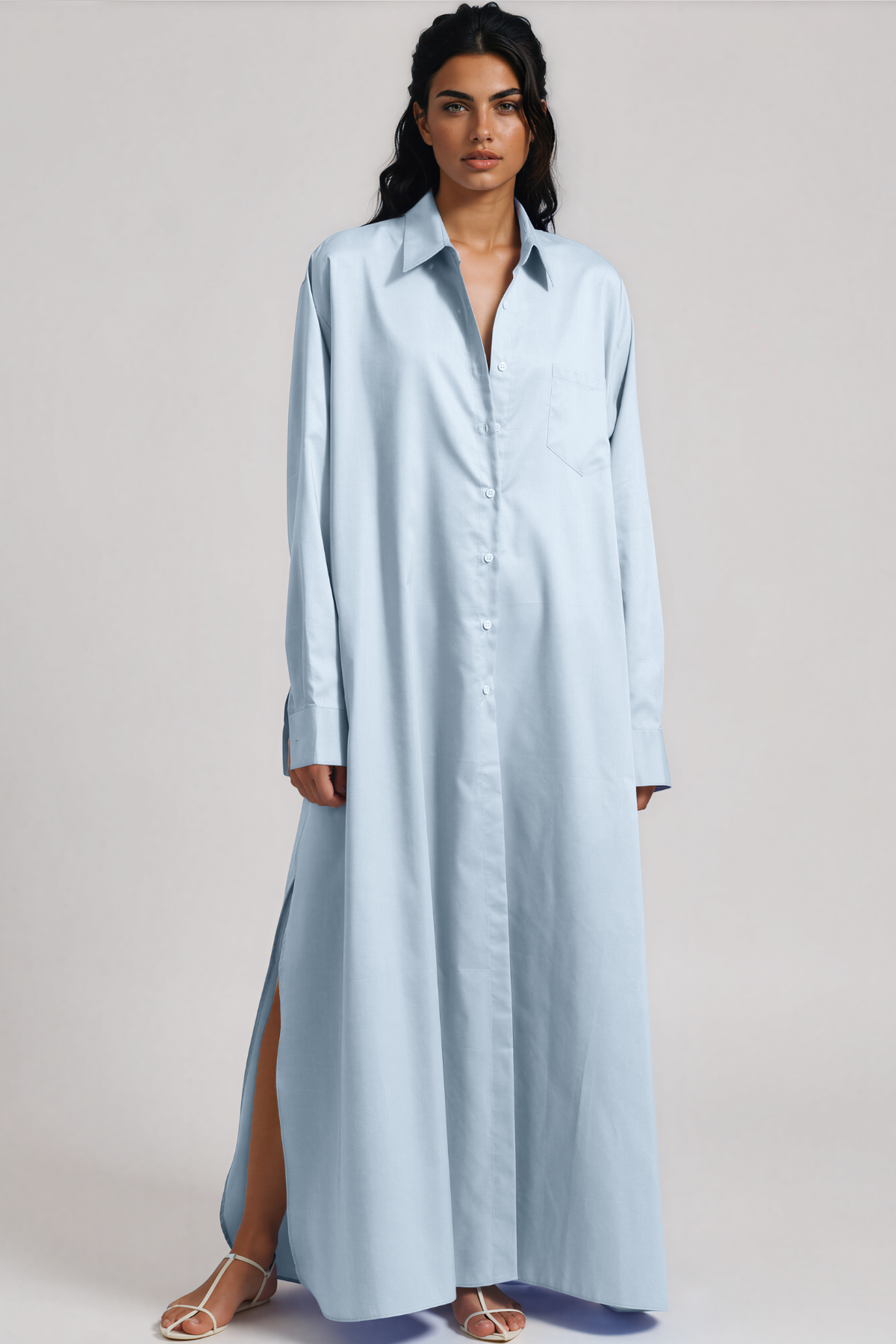 Kawai Long Sleeve Split Maxi Shirt Dress