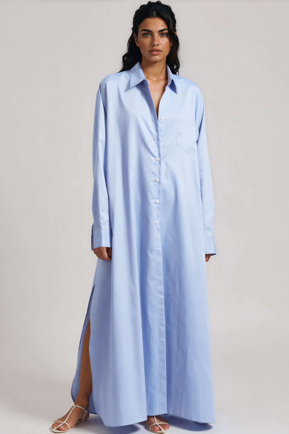 Kawai Long Sleeve Split Maxi Shirt Dress