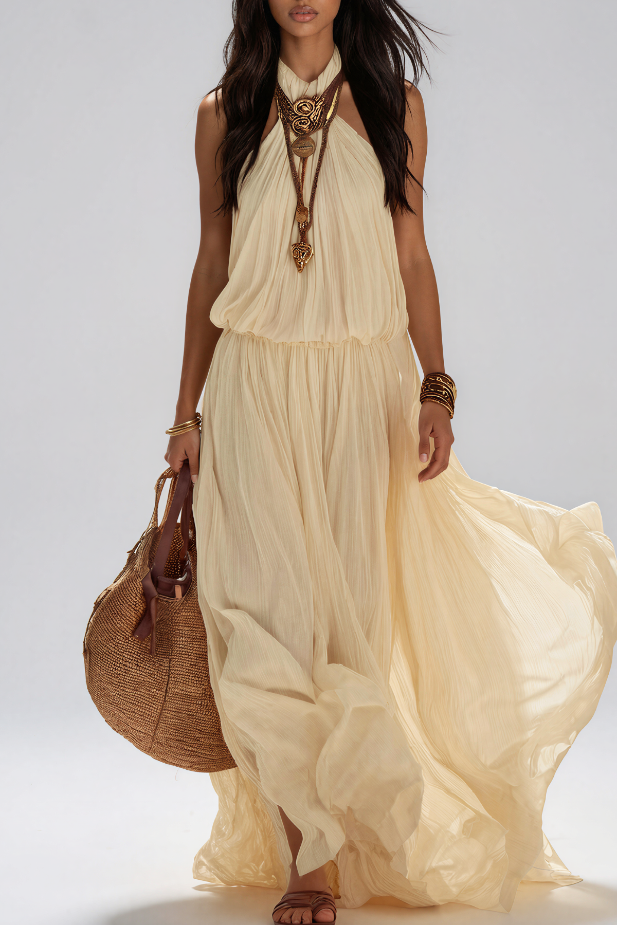 Kawehi Halter Neck Ruch Maxi Dress