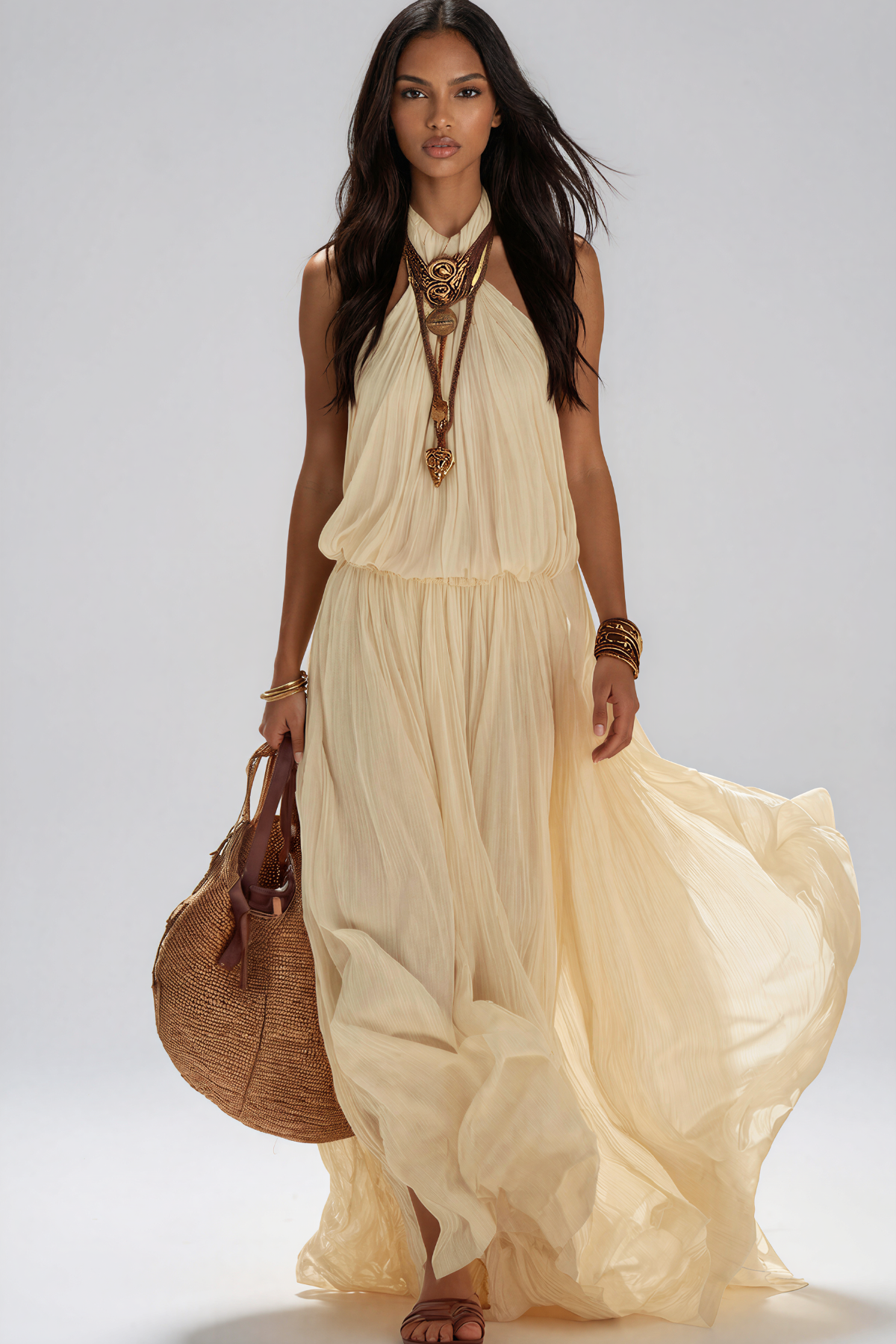 Kawehi Halter Neck Ruch Maxi Dress