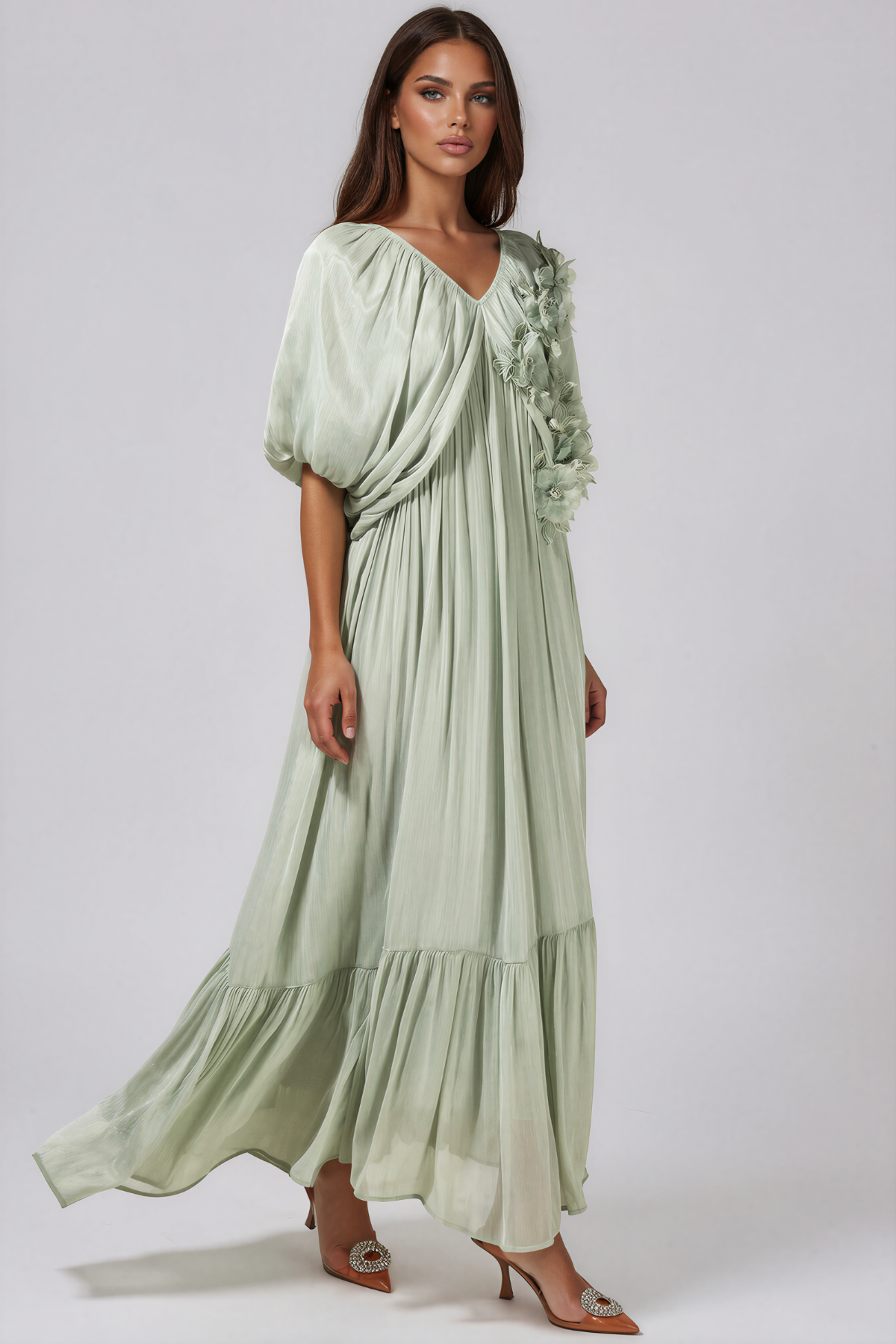 Kayanna V Neck Draped Flower Maxi Dress