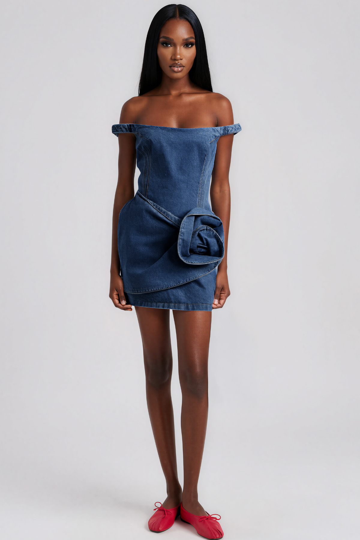 Kayo Off Shoulder Denim Flower Mini Dress