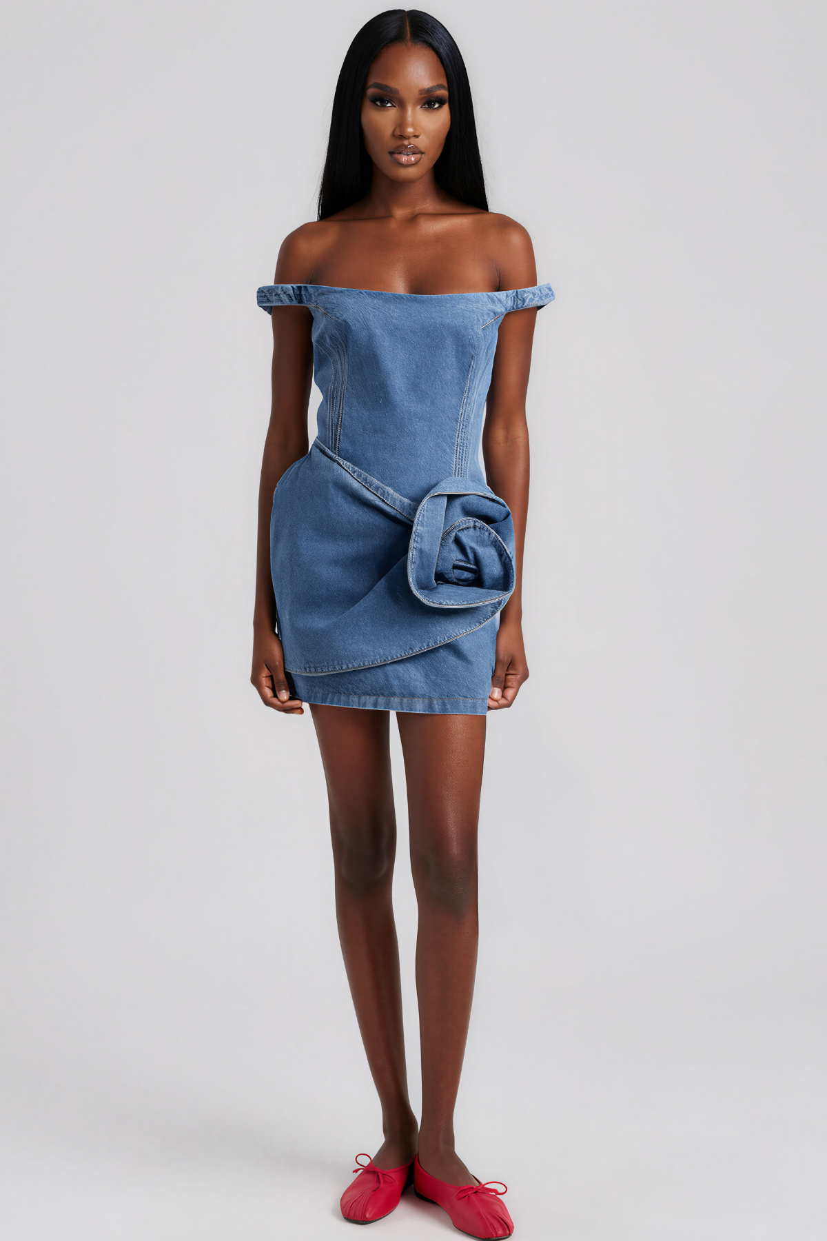 Kayo Off Shoulder Denim Flower Mini Dress