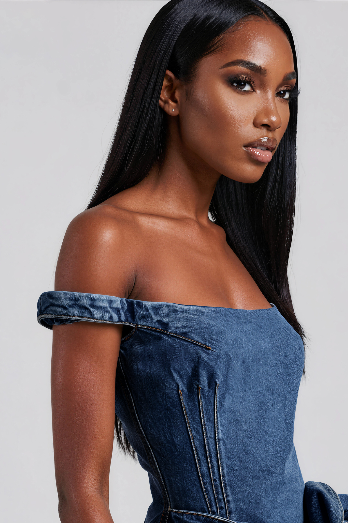 Kayo Off Shoulder Denim Flower Mini Dress