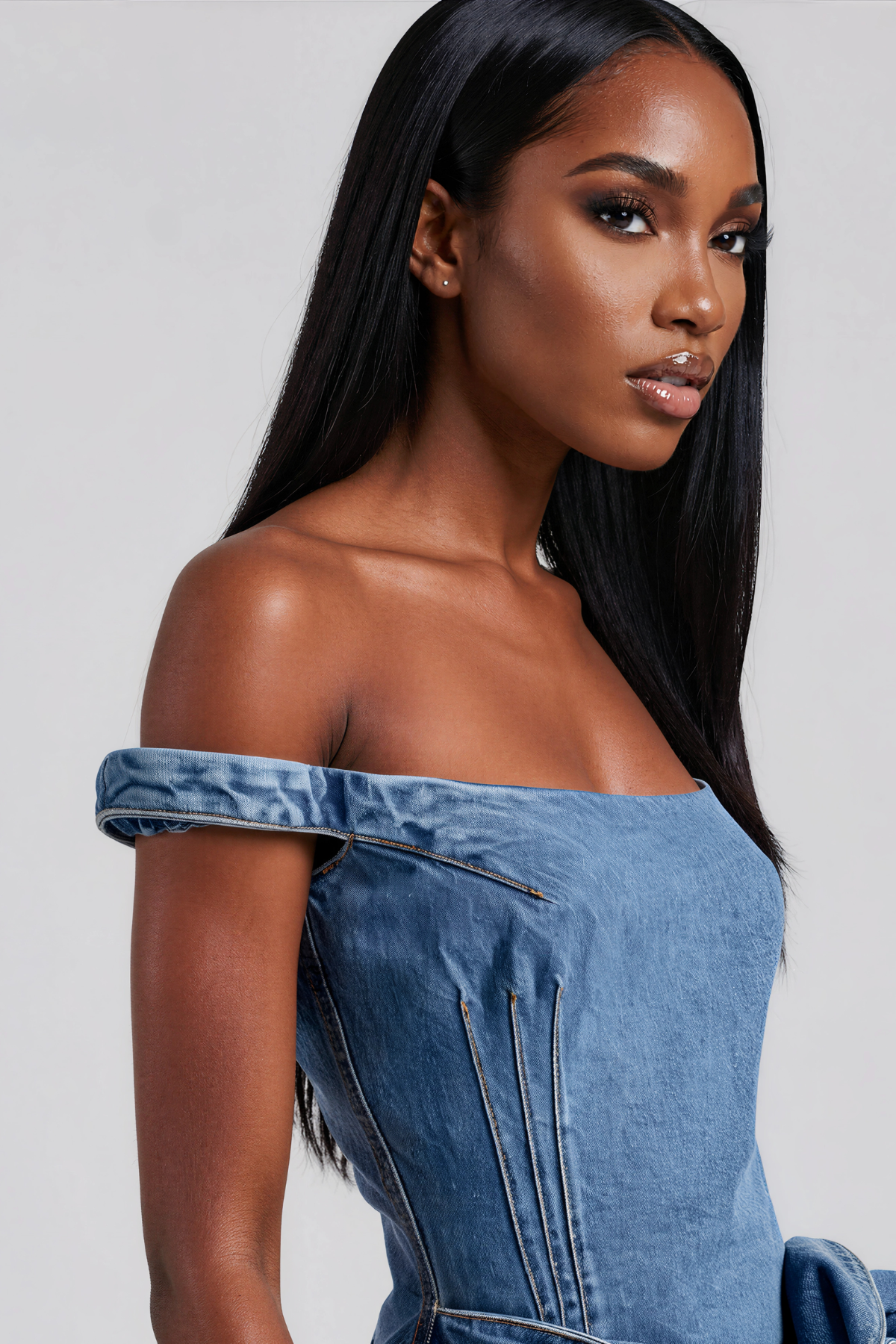 Kayo Off Shoulder Denim Flower Mini Dress