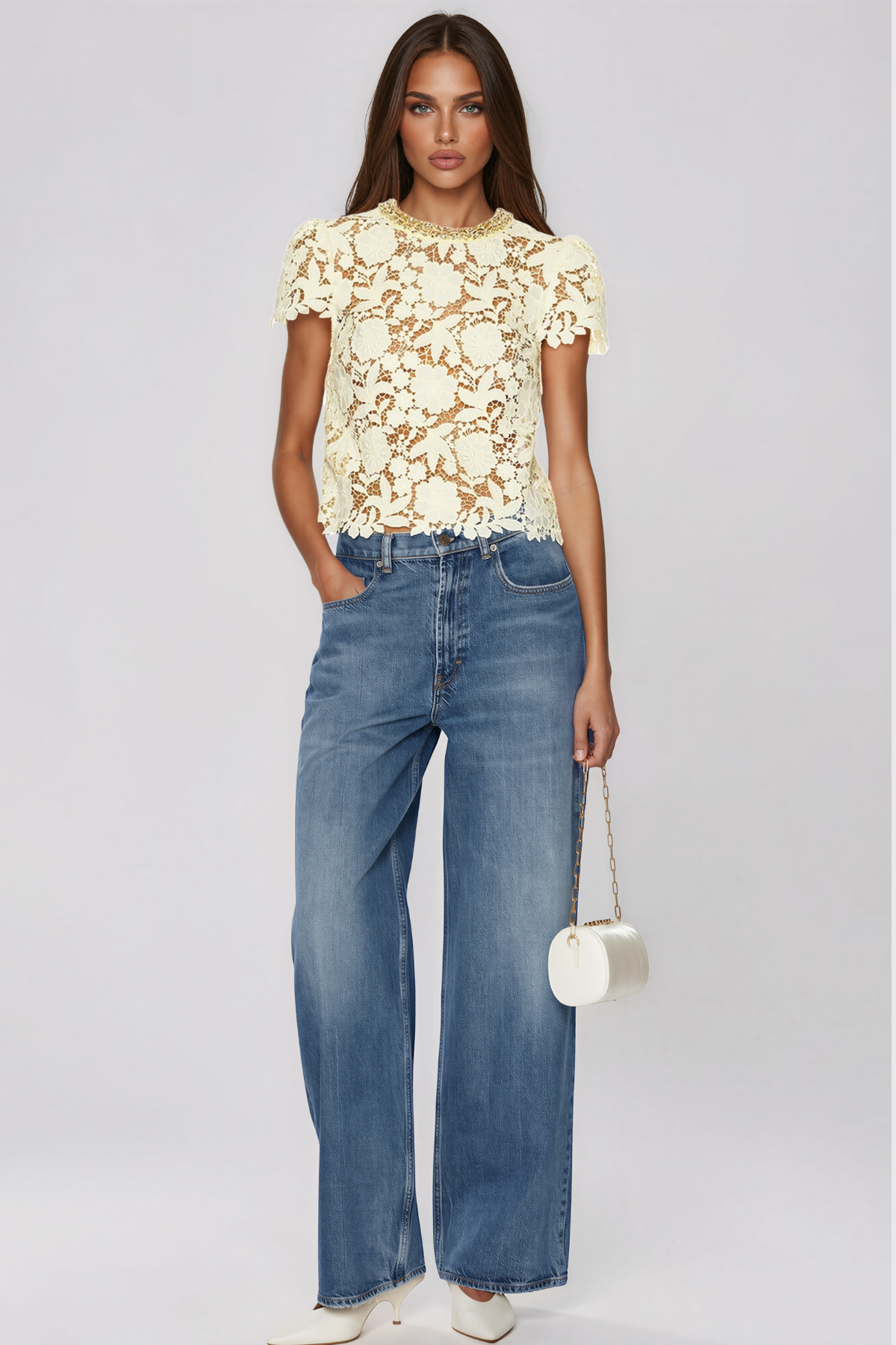 Kazi Rhinestine Lace Cutout Top