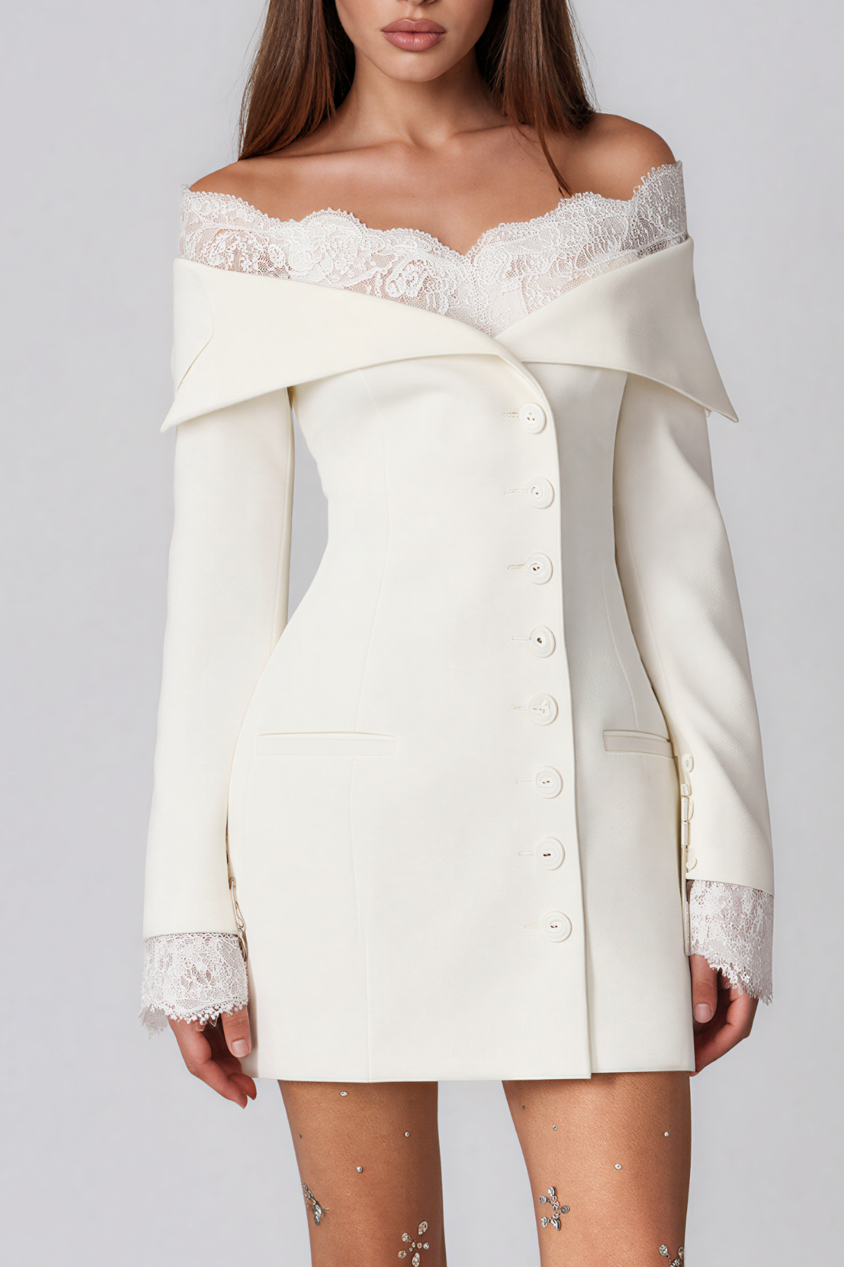 Kazou Off Shoulder Lace Button Up Mini Dress