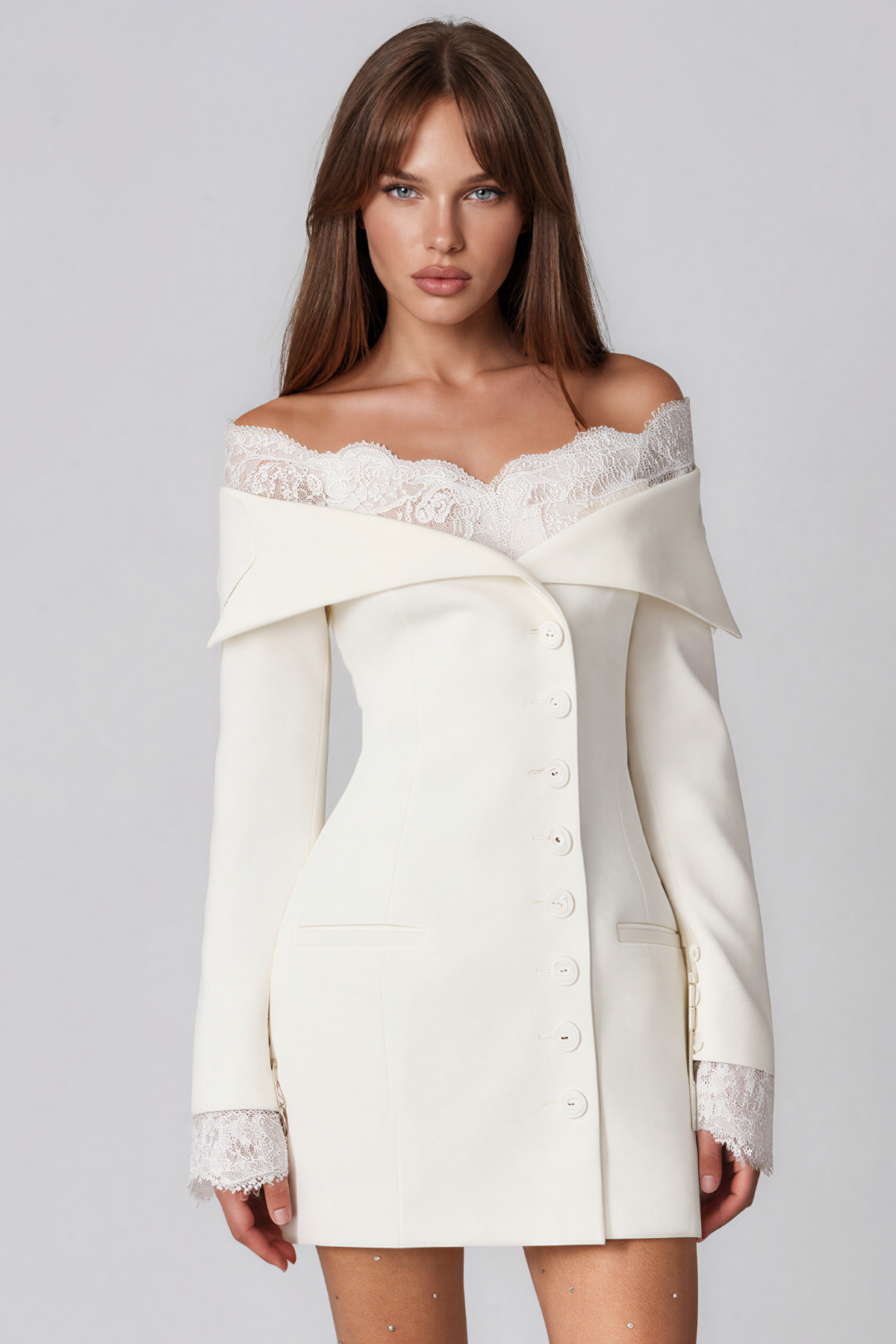 Kazou Off Shoulder Lace Button Up Mini Dress