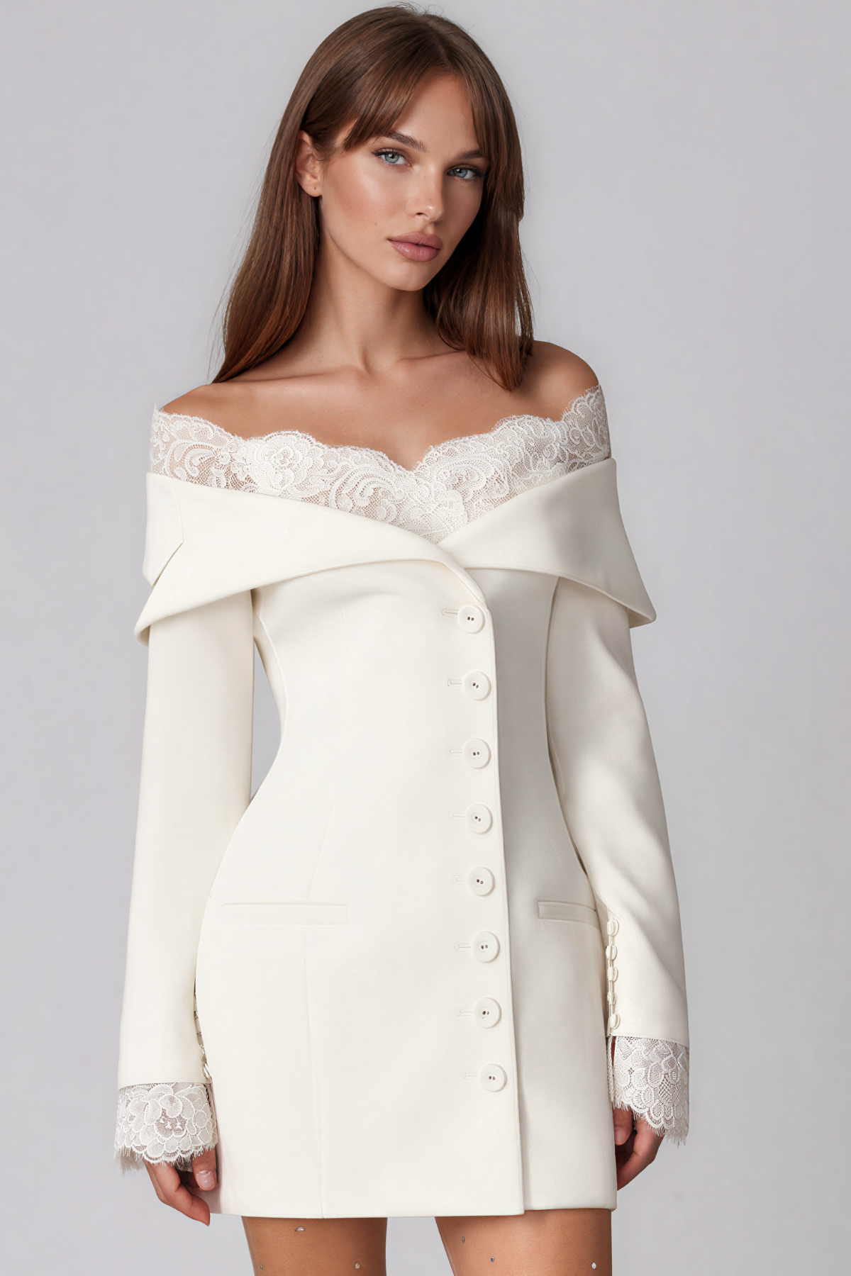 Kazou Off Shoulder Lace Button Up Mini Dress