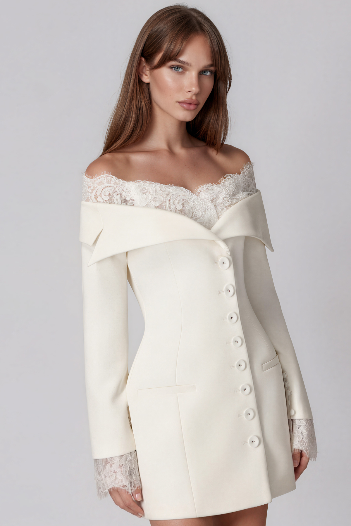 Kazou Off Shoulder Lace Button Up Mini Dress
