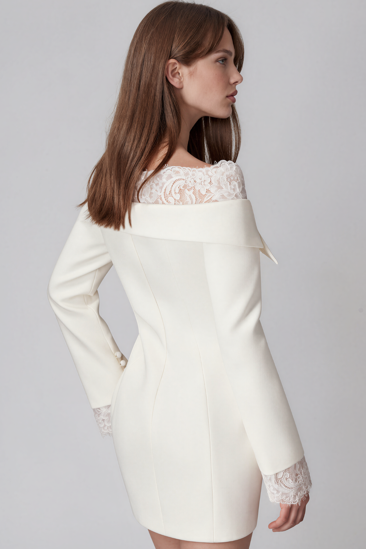 Kazou Off Shoulder Lace Button Up Mini Dress