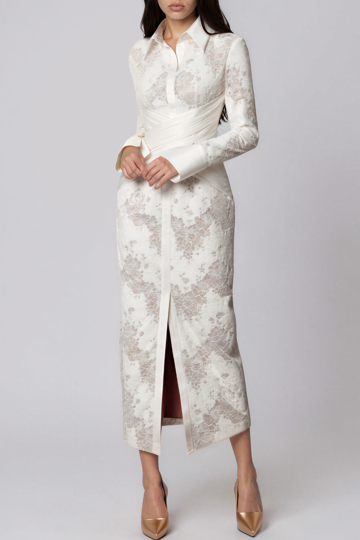 Kazuhito Long Sleeve Lace Ruch Maxi Dress