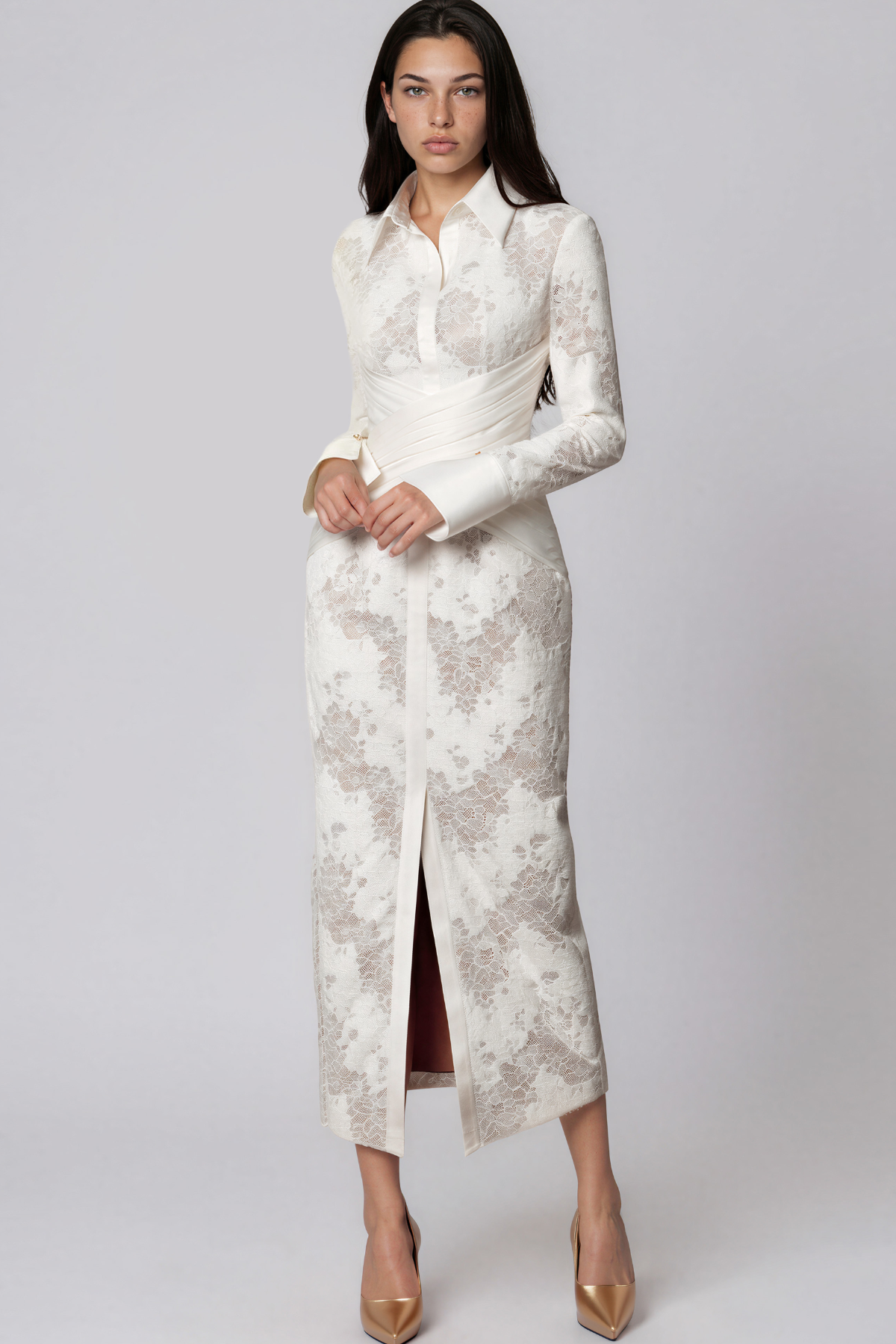 Kazuhito Long Sleeve Lace Ruch Maxi Dress