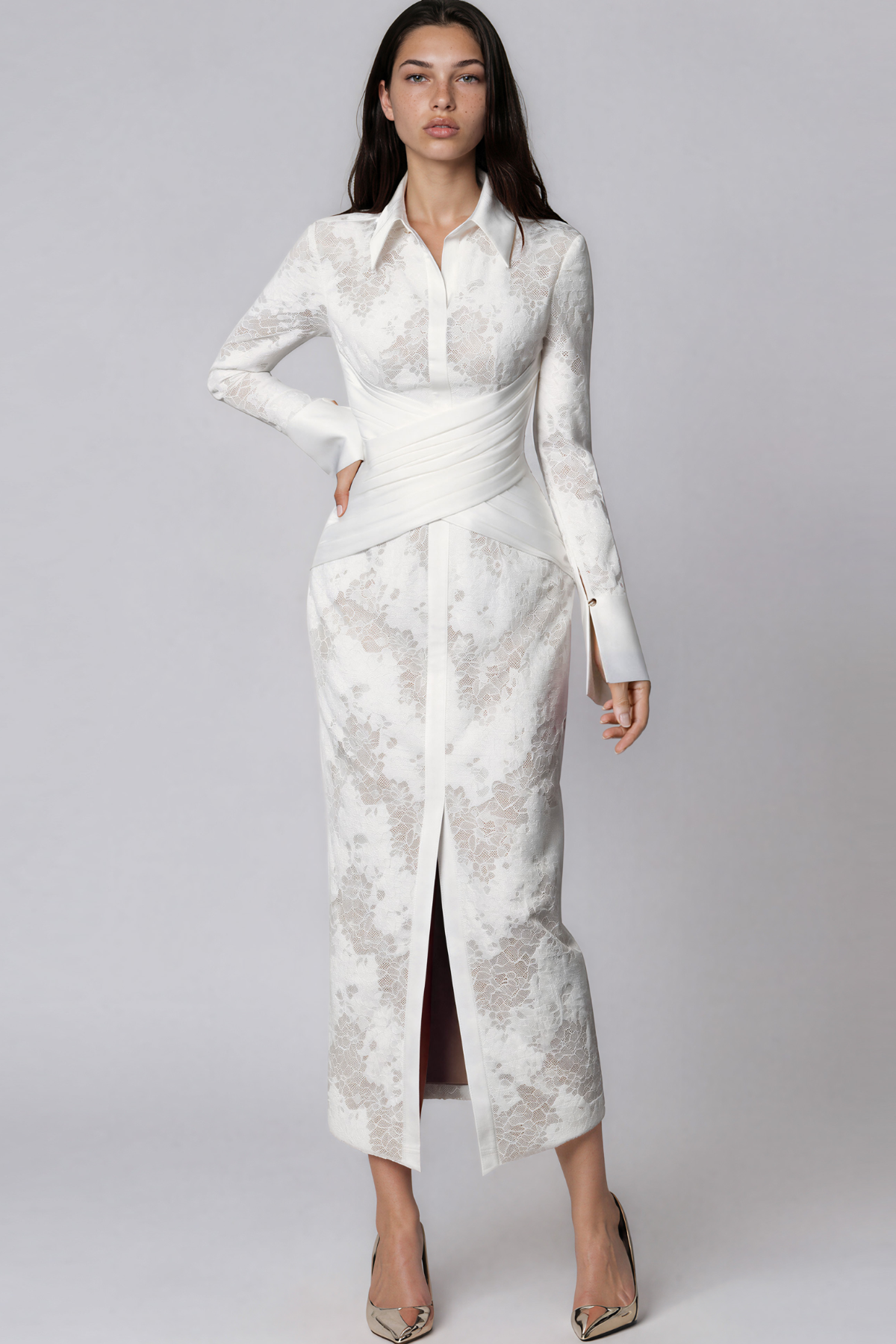 Kazuhito Long Sleeve Lace Ruch Maxi Dress