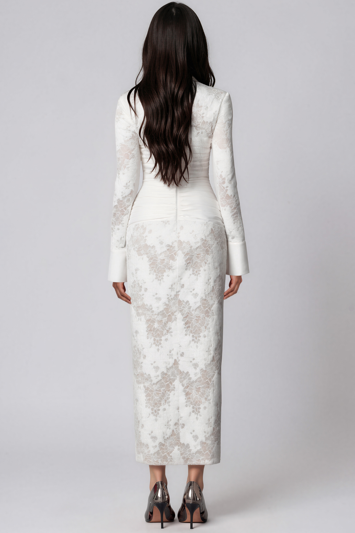 Kazuhito Long Sleeve Lace Ruch Maxi Dress