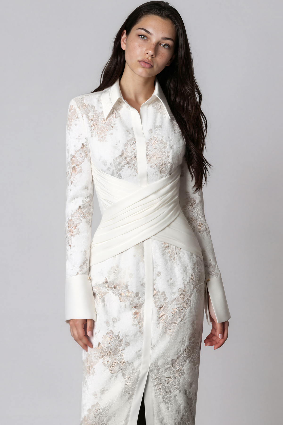 Kazuhito Long Sleeve Lace Ruch Maxi Dress