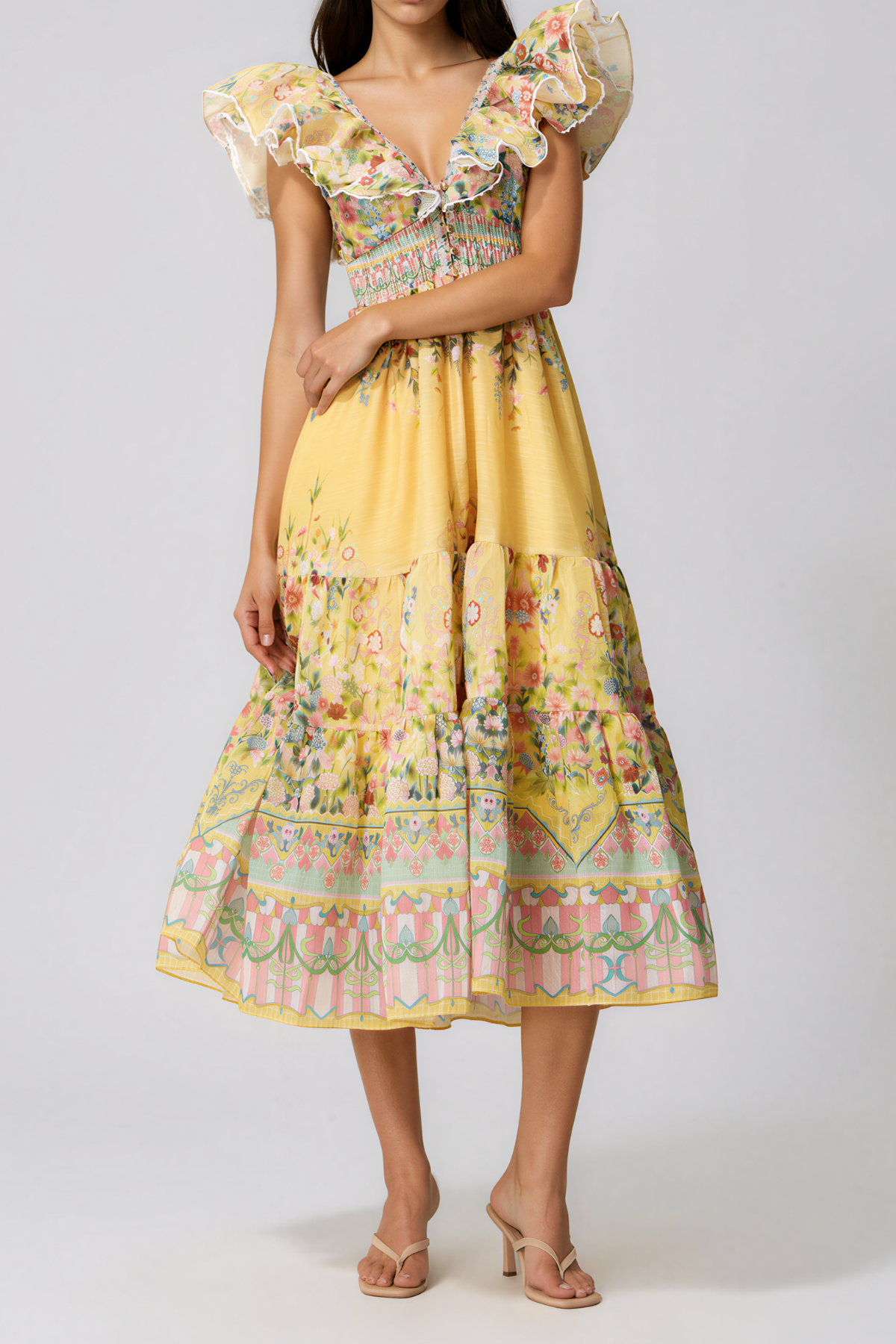 Kazutaka Ruffle Floral Midi Dress