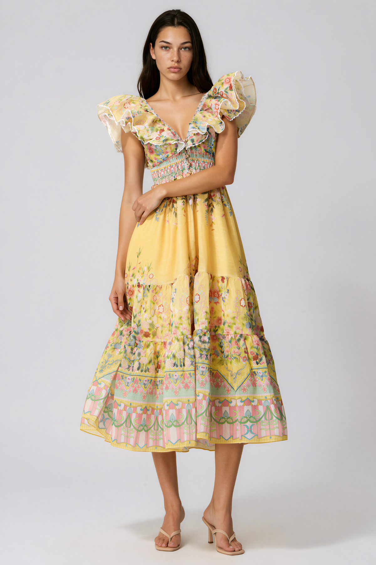 Kazutaka Ruffle Floral Midi Dress