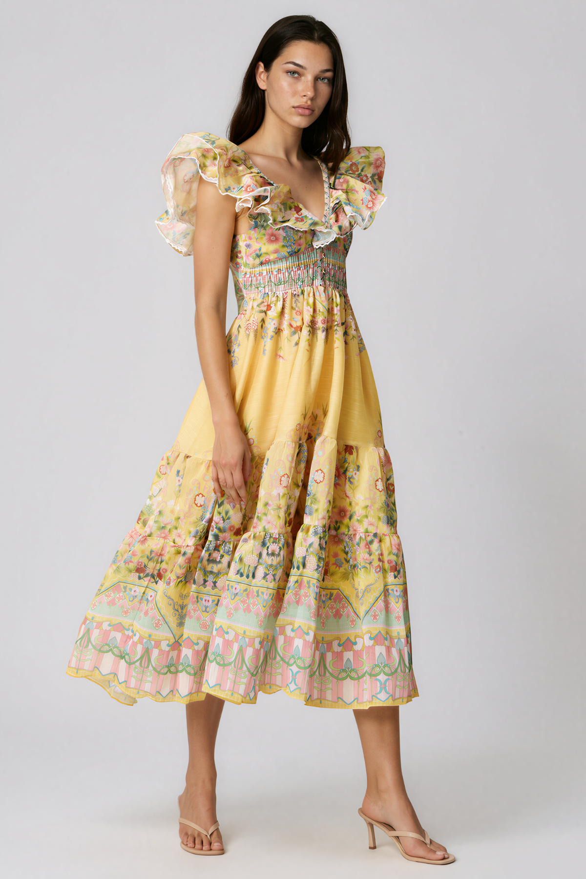 Kazutaka Ruffle Floral Midi Dress