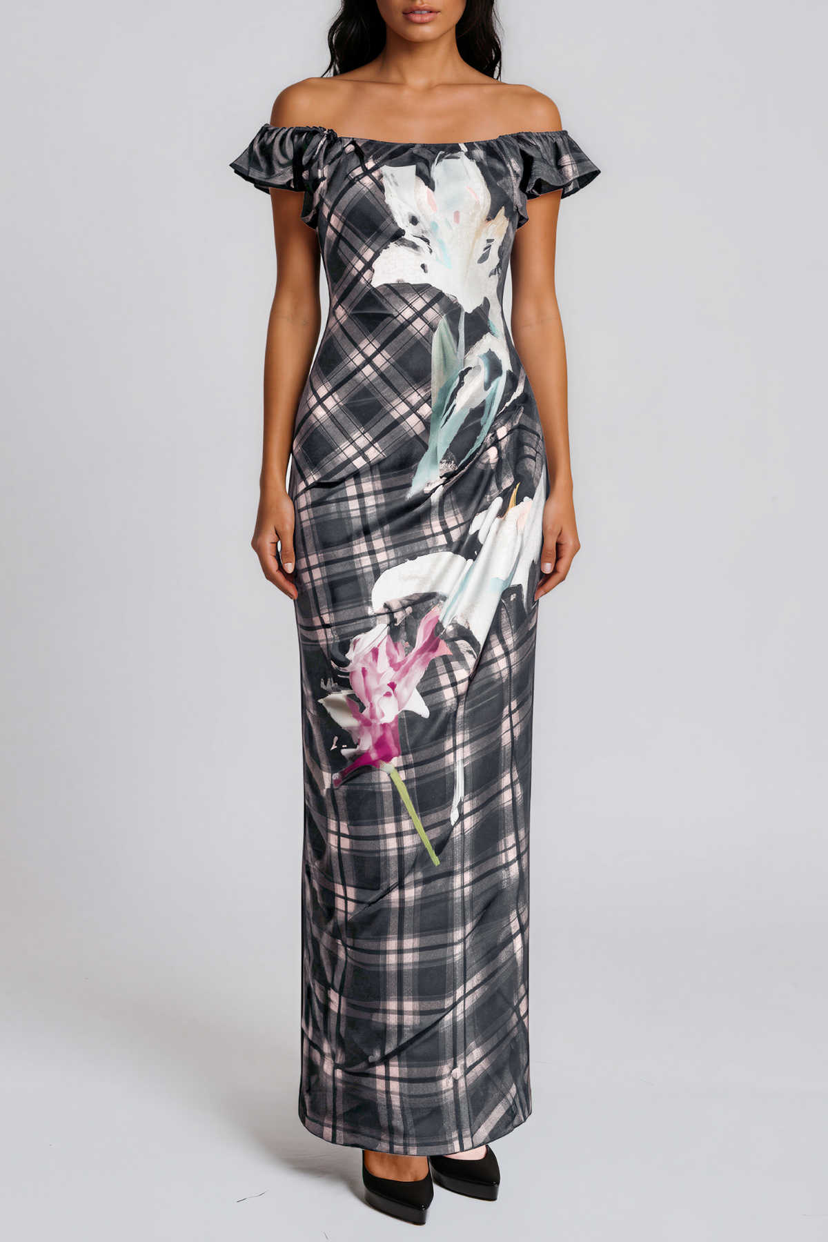 Keebler Off Shoulder Grid Floral Maxi Dress