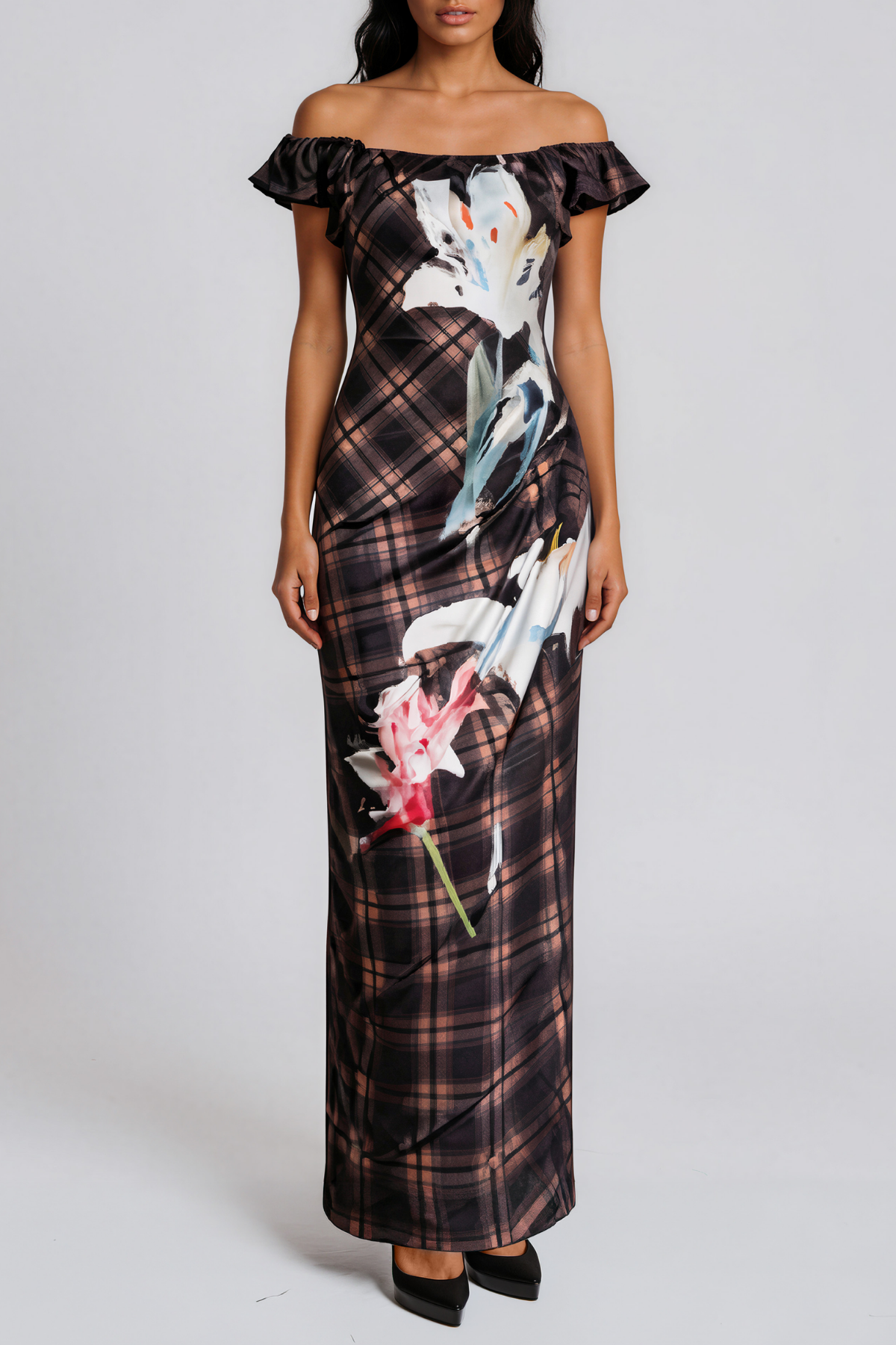 Keebler Off Shoulder Grid Floral Maxi Dress