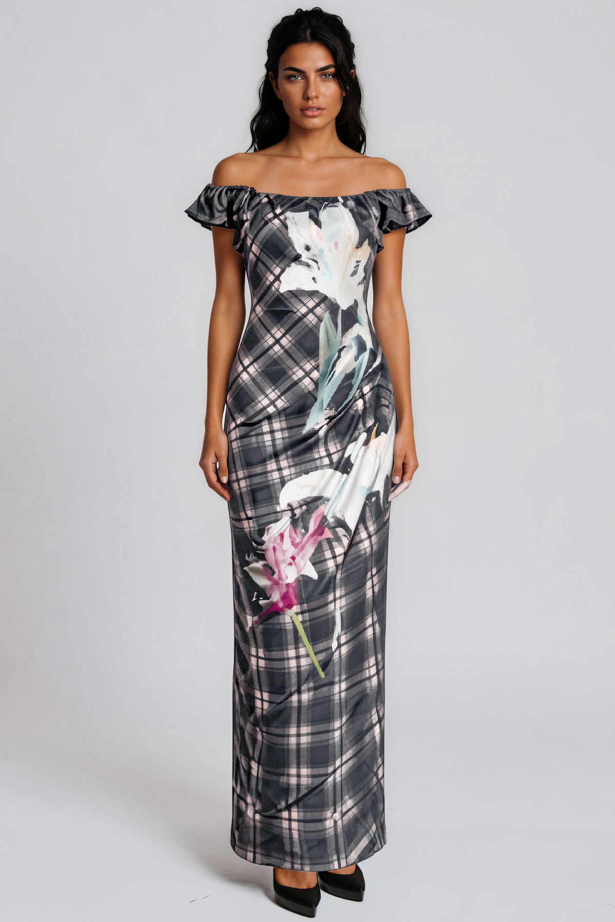 Keebler Off Shoulder Grid Floral Maxi Dress