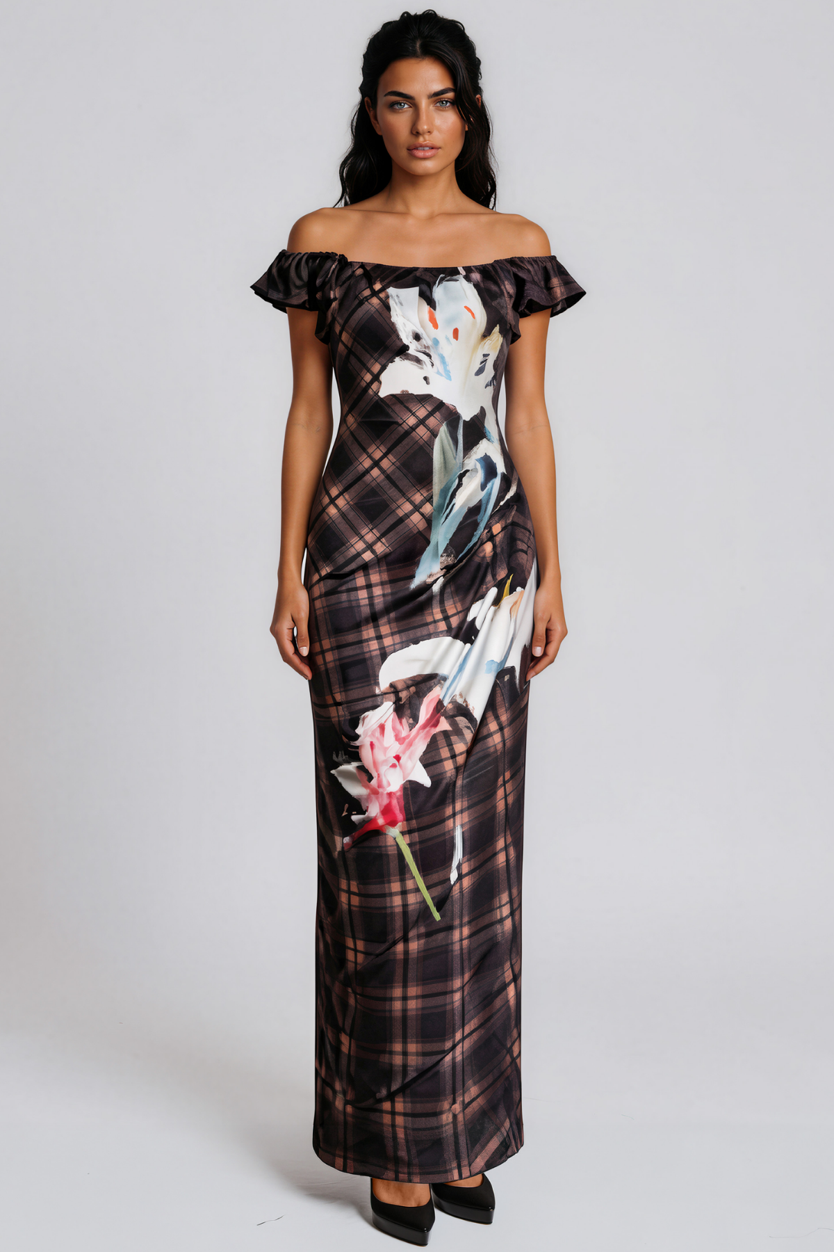 Keebler Off Shoulder Grid Floral Maxi Dress