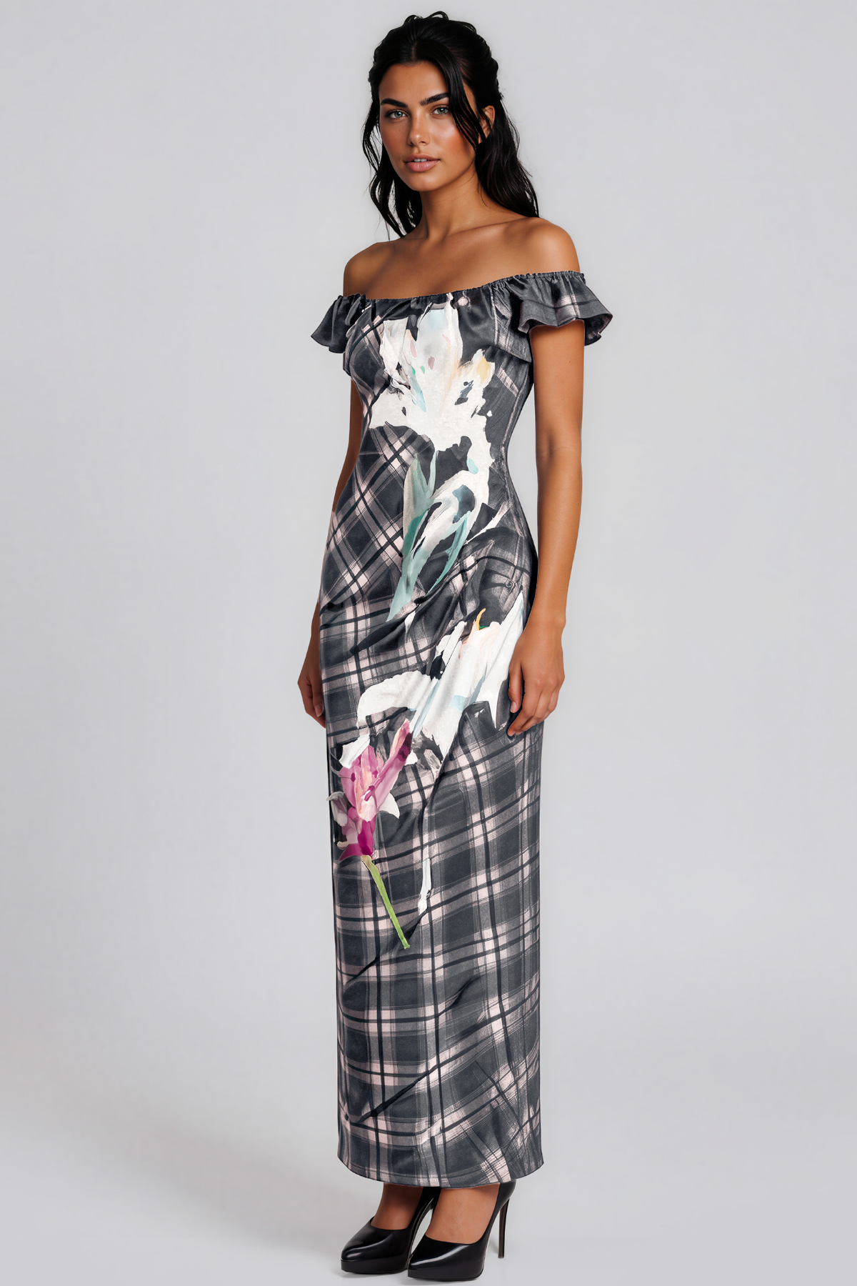 Keebler Off Shoulder Grid Floral Maxi Dress