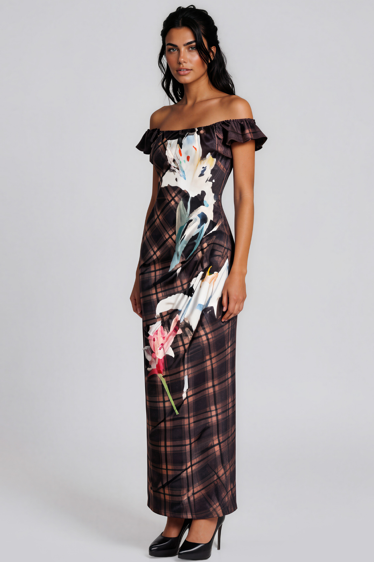 Keebler Off Shoulder Grid Floral Maxi Dress