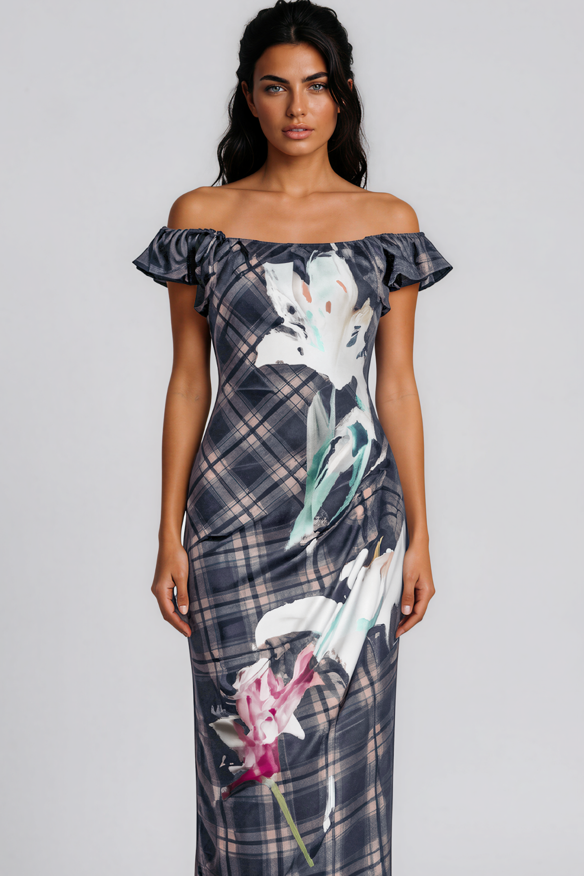 Keebler Off Shoulder Grid Floral Maxi Dress