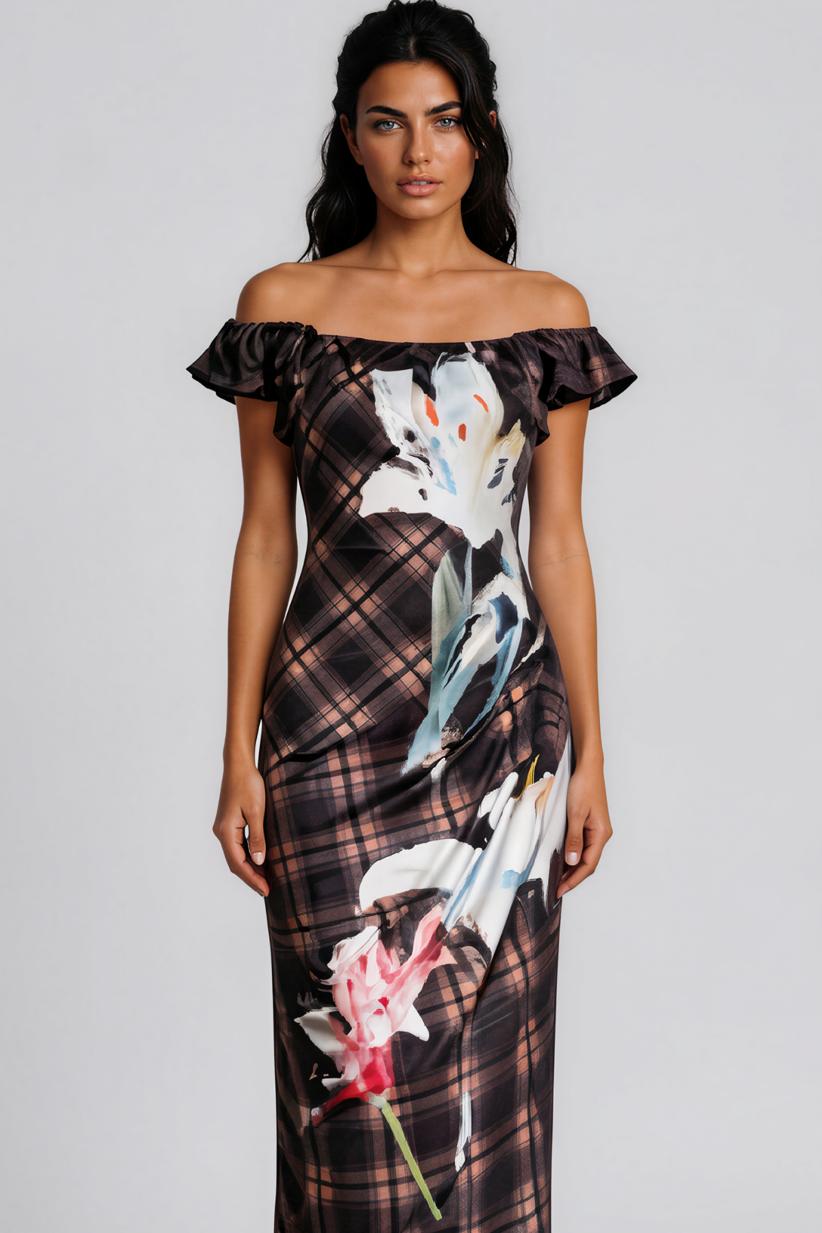 Keebler Off Shoulder Grid Floral Maxi Dress