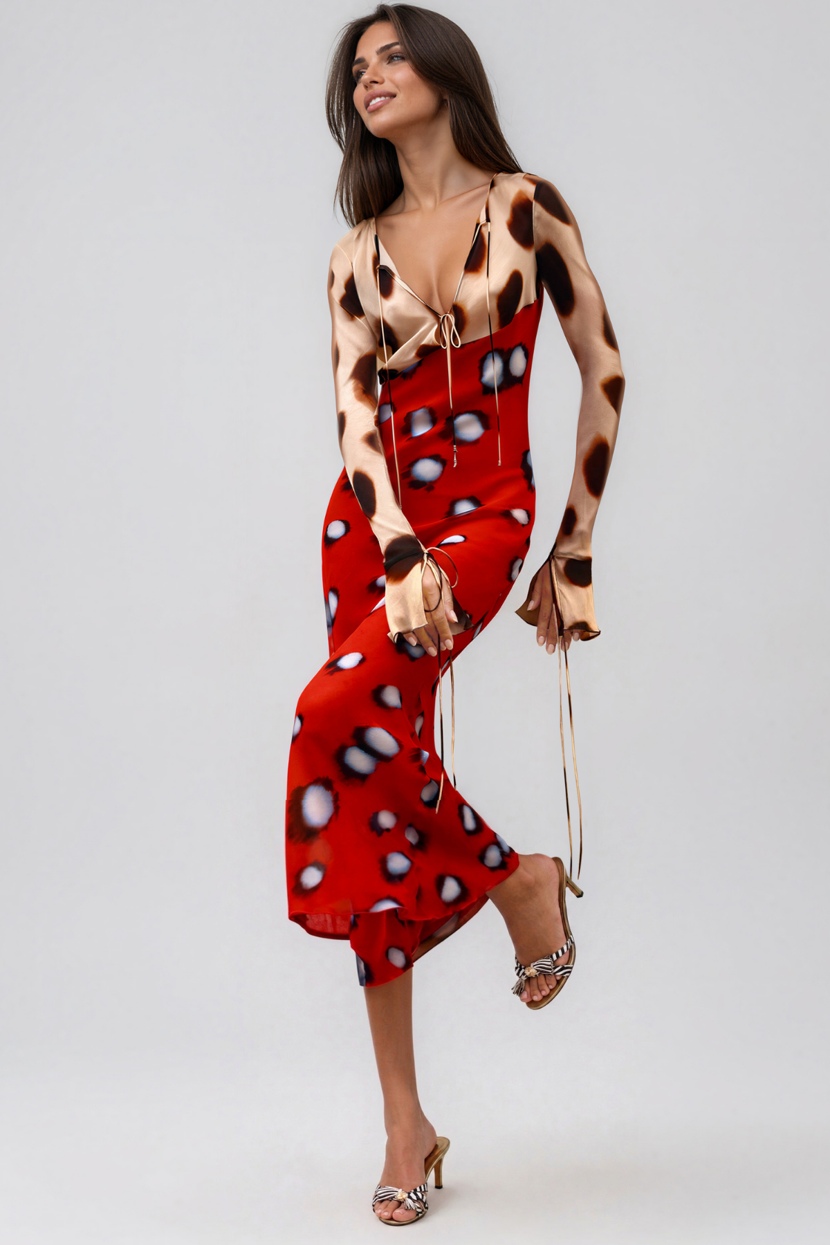 Keelan Plunge Tie Up Print Maxi Dress