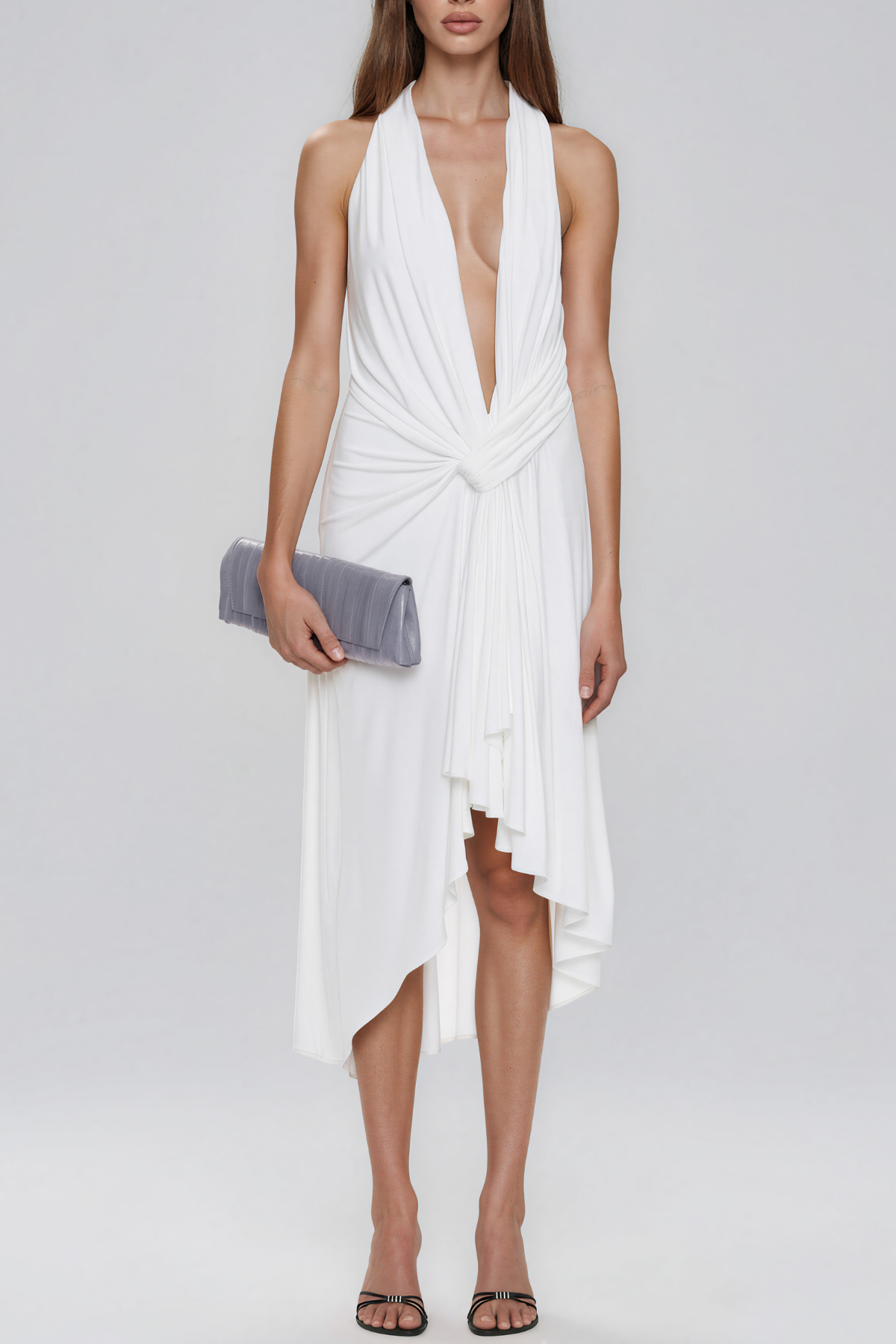 Keezheekoni Plunge Twist Asymmetric Midi Dress
