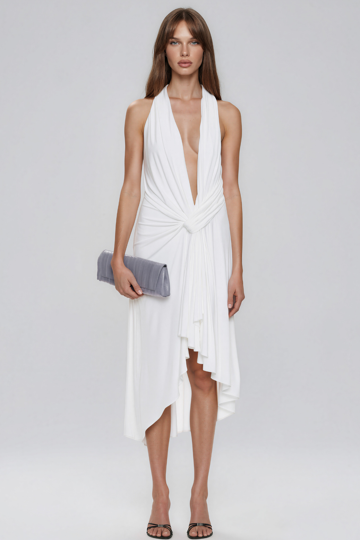 Keezheekoni Plunge Twist Asymmetric Midi Dress