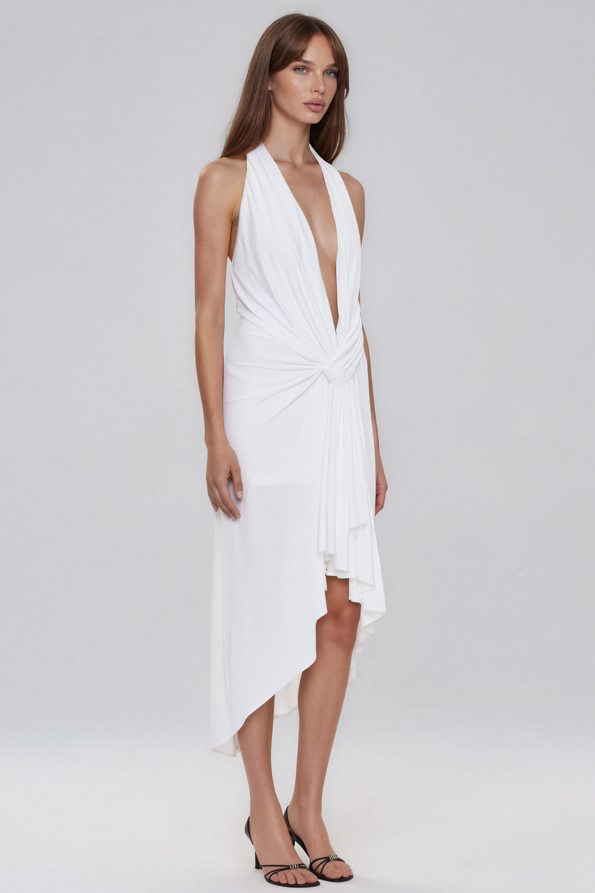 Keezheekoni Plunge Twist Asymmetric Midi Dress