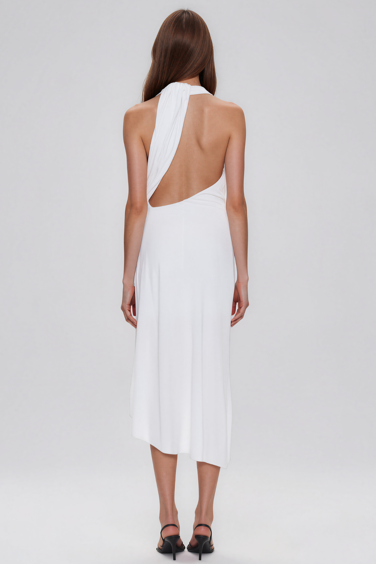 Keezheekoni Plunge Twist Asymmetric Midi Dress