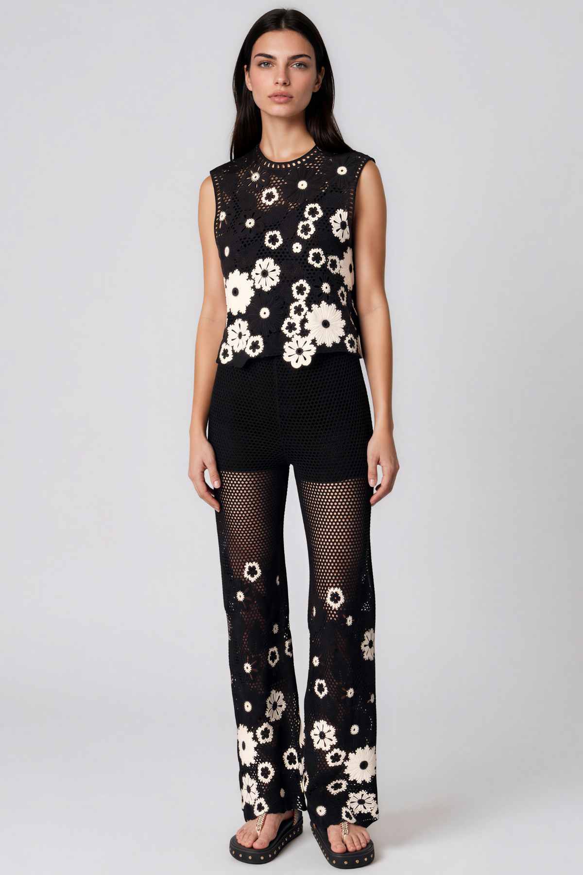 Kehlani Sleeveless Knit Cutout Flower Pants Set